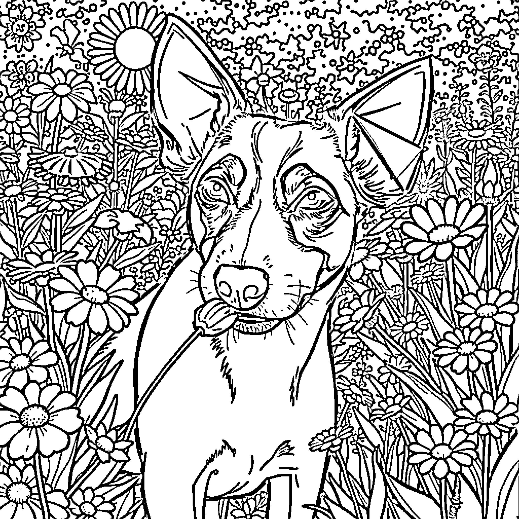 Jack Russell exploring a vibrant floral garden Coloring Page (free black-and-white line drawing printable PDF for all, from beginners to advanced learners, including children, teens, adults, and seniors)