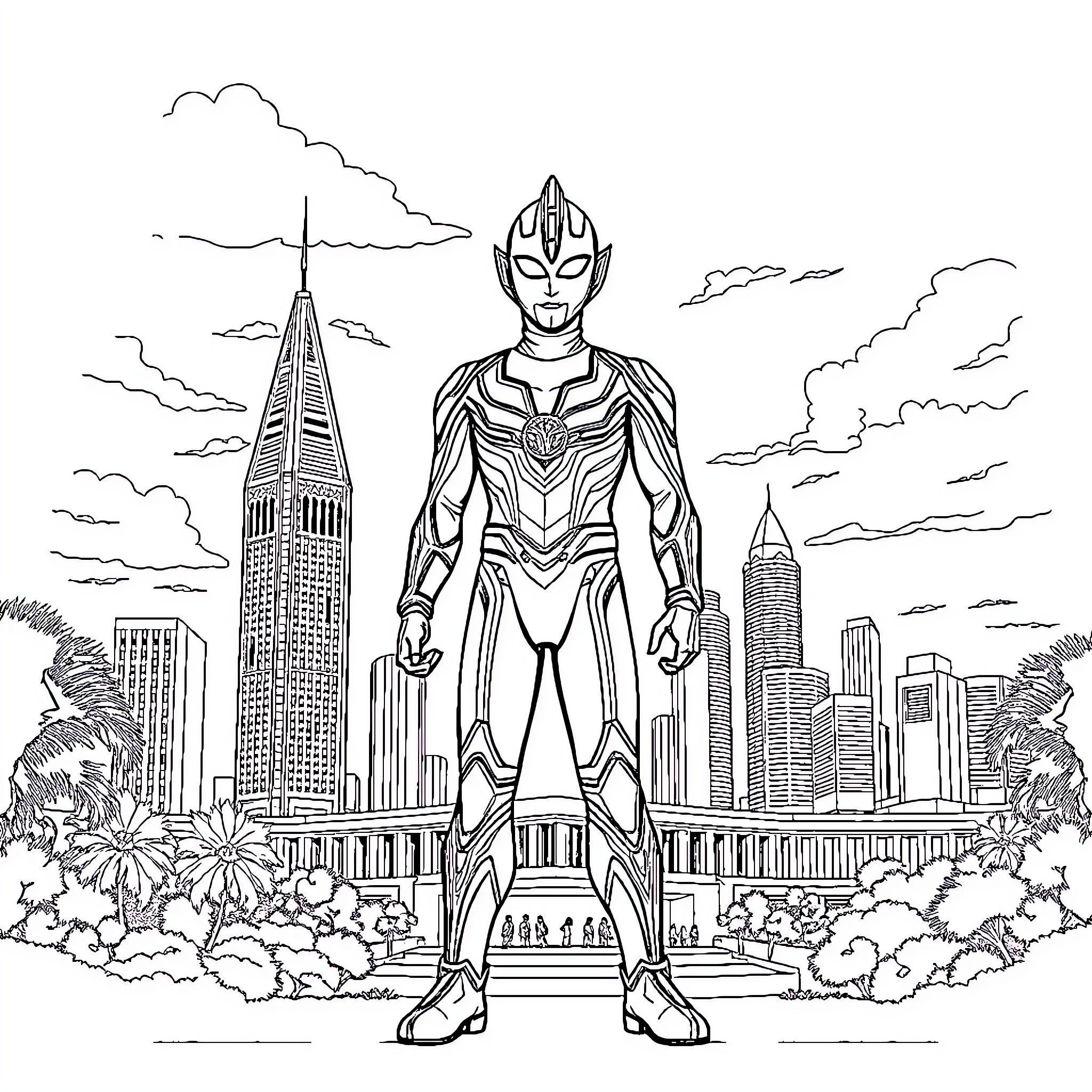 Ultraman stands heroically in the city Coloring Page (free black-and-white line drawing printable PDF for all, from beginners to advanced learners, including children, teens, adults, and seniors)