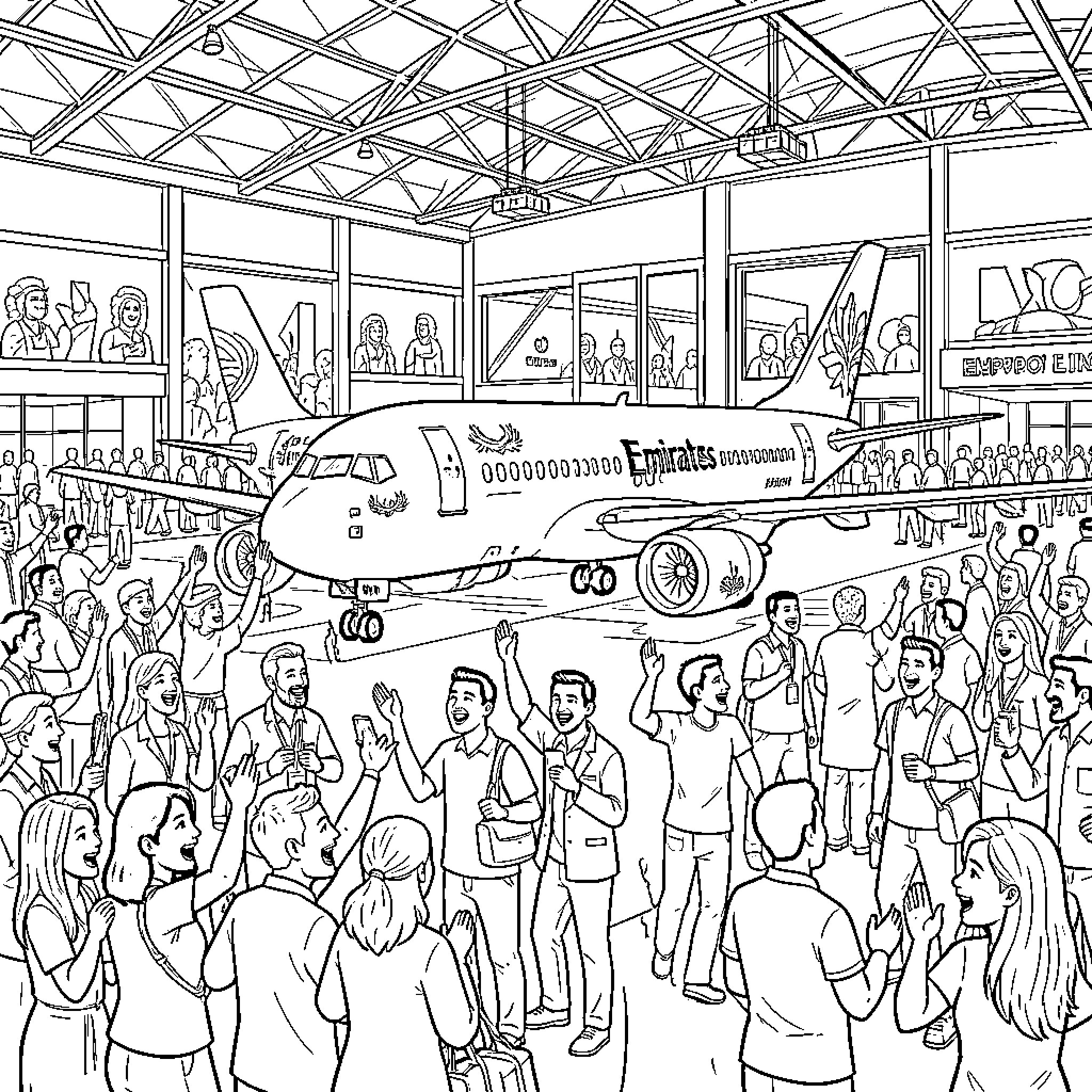 Emirates Flight Departure Lounge Bustling with Activity Coloring Page (free black-and-white line drawing printable PDF for all, from beginners to advanced learners, including children, teens, adults, and seniors)
