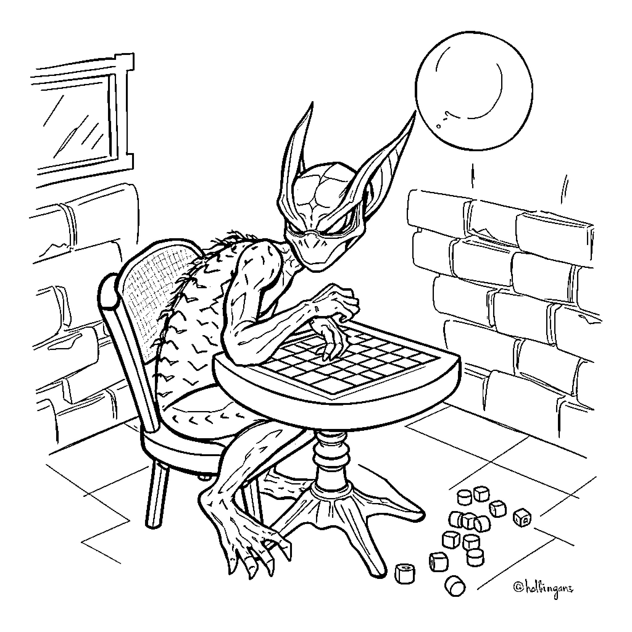 Goblin playing chess in a haunting room Coloring Page (free black-and-white line drawing printable PDF for all, from beginners to advanced learners, including children, teens, adults, and seniors)