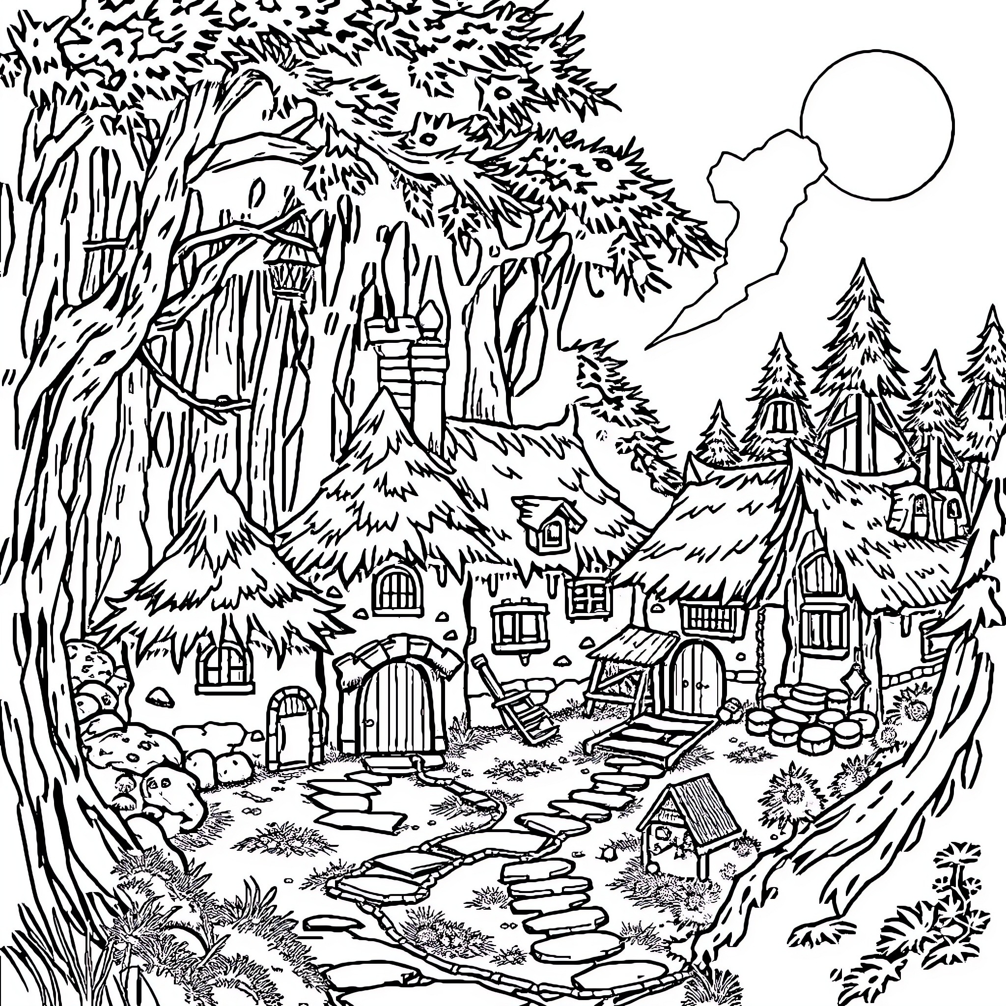 Goblin village nestled in the enchanted forest Coloring Page (free black-and-white line drawing printable PDF for all, from beginners to advanced learners, including children, teens, adults, and seniors)