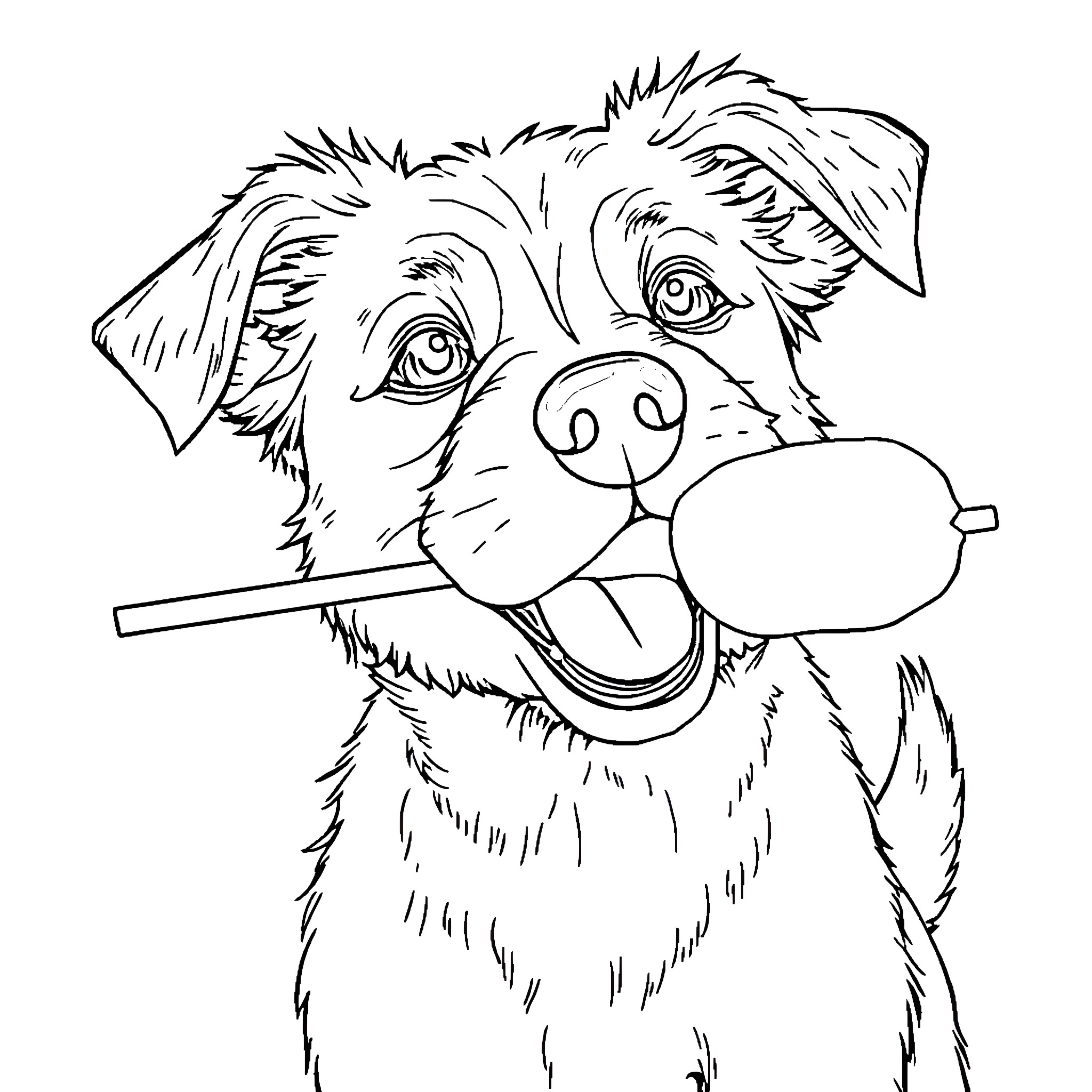 Dog playing happily with stick Coloring Page (free black-and-white line drawing printable PDF for all, from beginners to advanced learners, including children, teens, adults, and seniors)