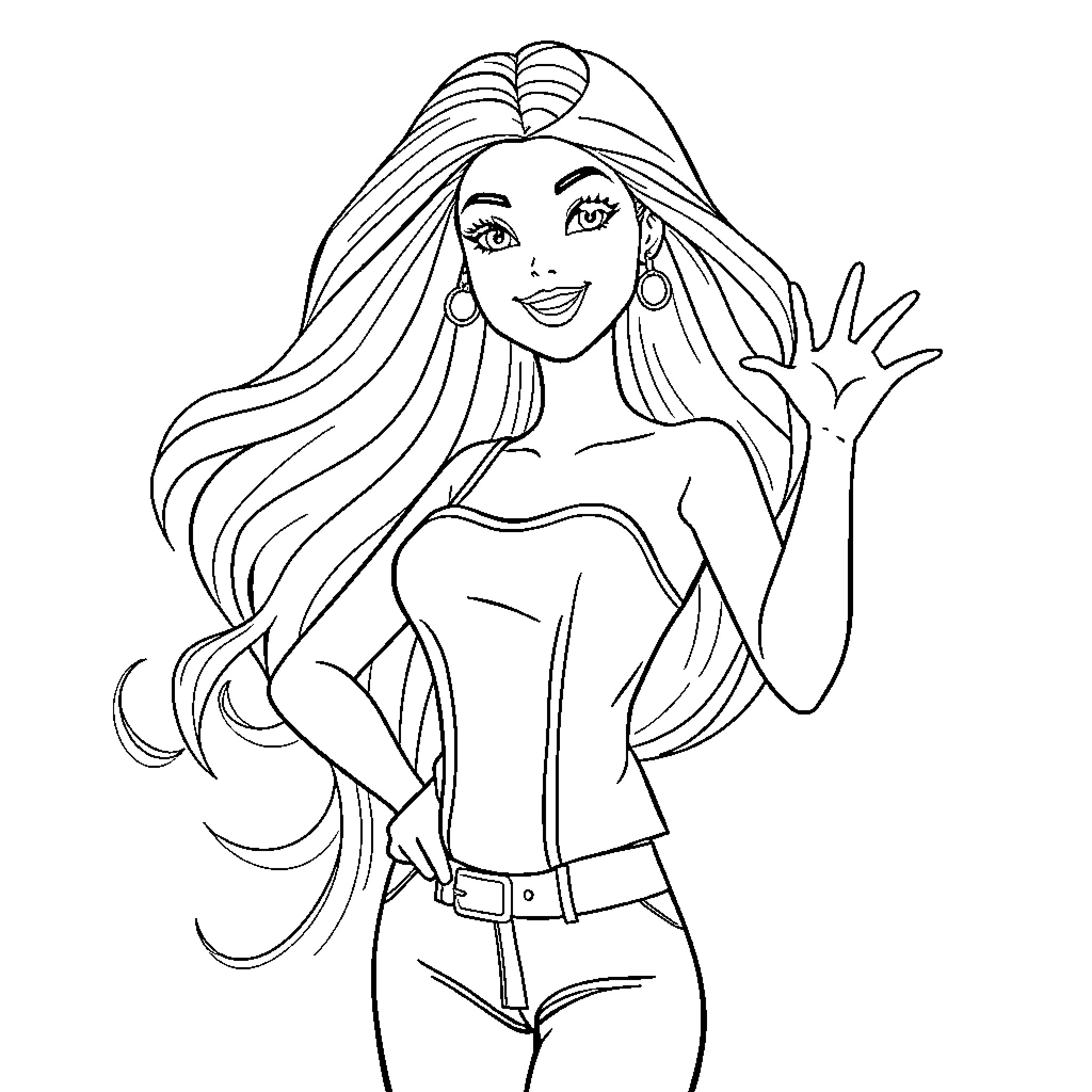 Barbie in friendly and casual pose Coloring Page (free black-and-white line drawing printable PDF for all, from beginners to advanced learners, including children, teens, adults, and seniors)