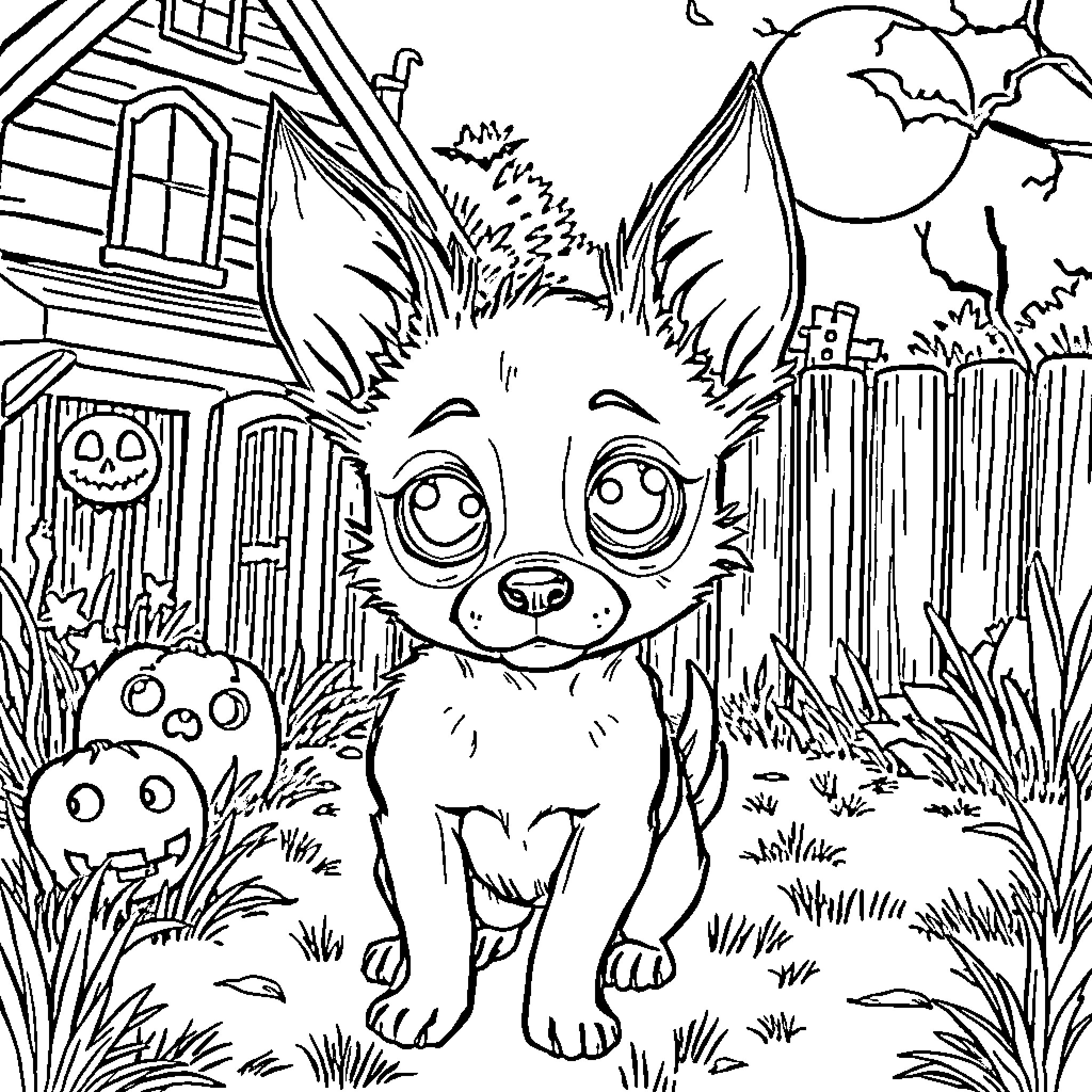 Dog exploring a spooky Halloween scene Coloring Page (free black-and-white line drawing printable PDF for all, from beginners to advanced learners, including children, teens, adults, and seniors)