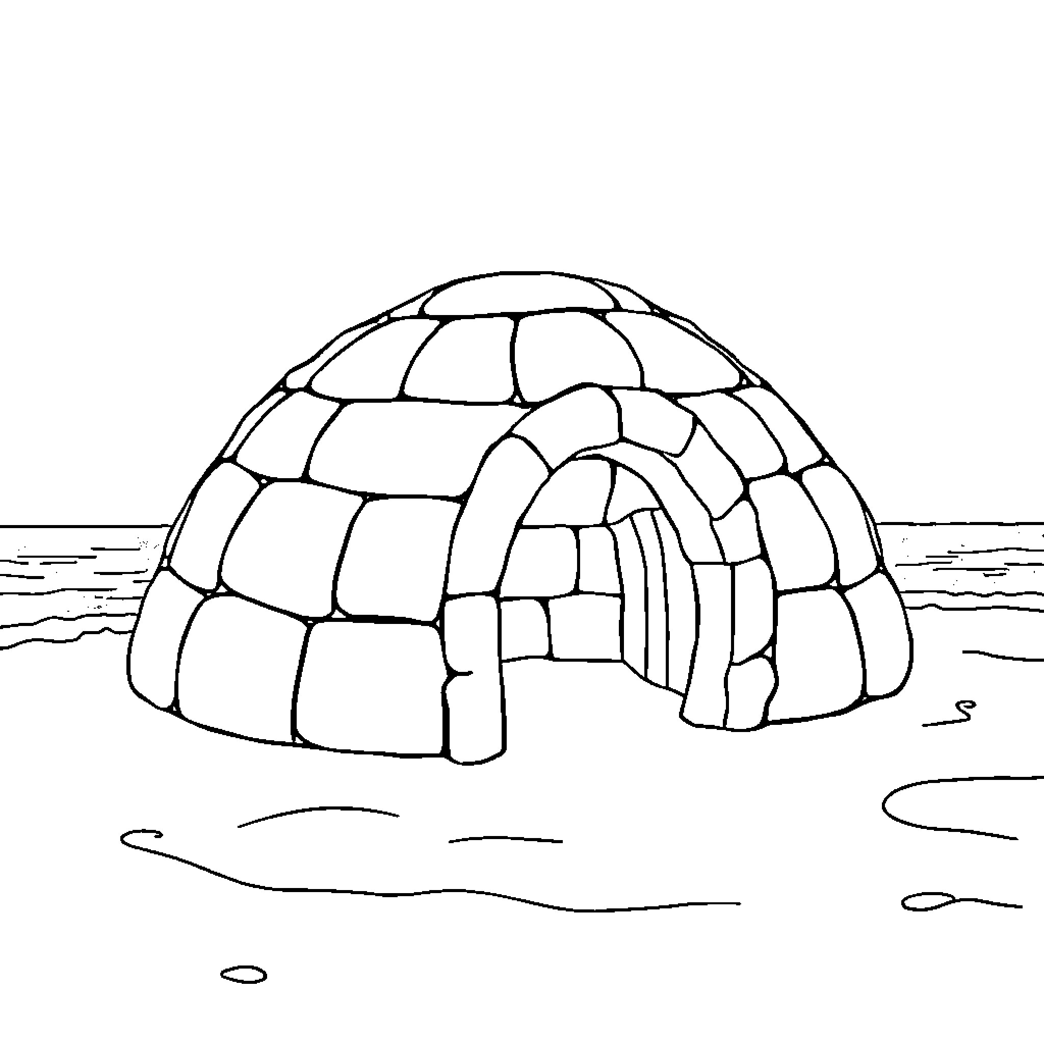 Igloo with open entrance on snowy landscape Coloring Page (free black-and-white line drawing printable PDF for all, from beginners to advanced learners, including children, teens, adults, and seniors)
