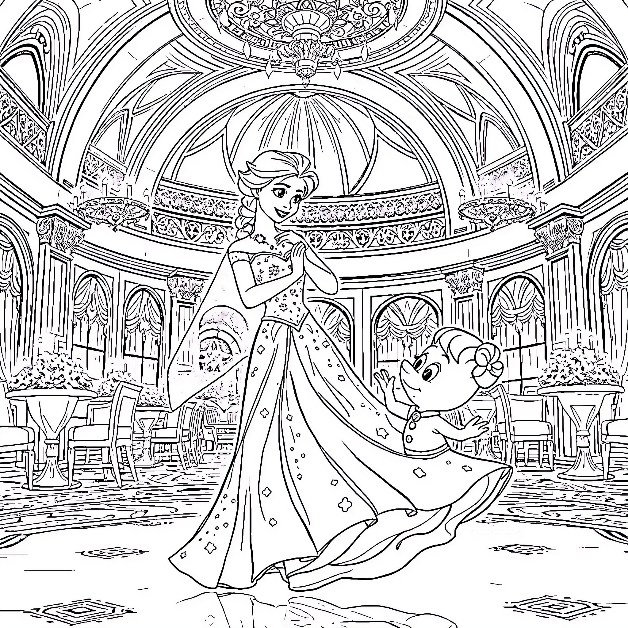 Princess Dancing in a Magnificent Castle Coloring Page (free black-and-white line drawing printable PDF for all, from beginners to advanced learners, including children, teens, adults, and seniors)