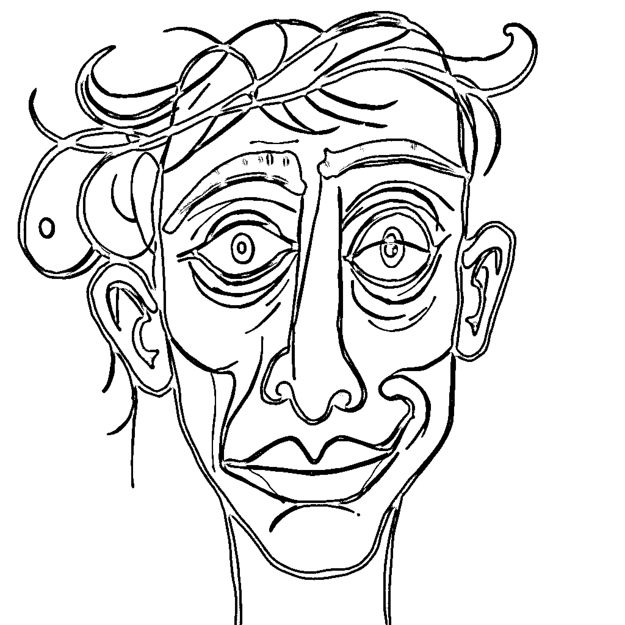Face with Unique Facial Features and Expressions Coloring Page (free black-and-white line drawing printable PDF for all, from beginners to advanced learners, including children, teens, adults, and seniors)