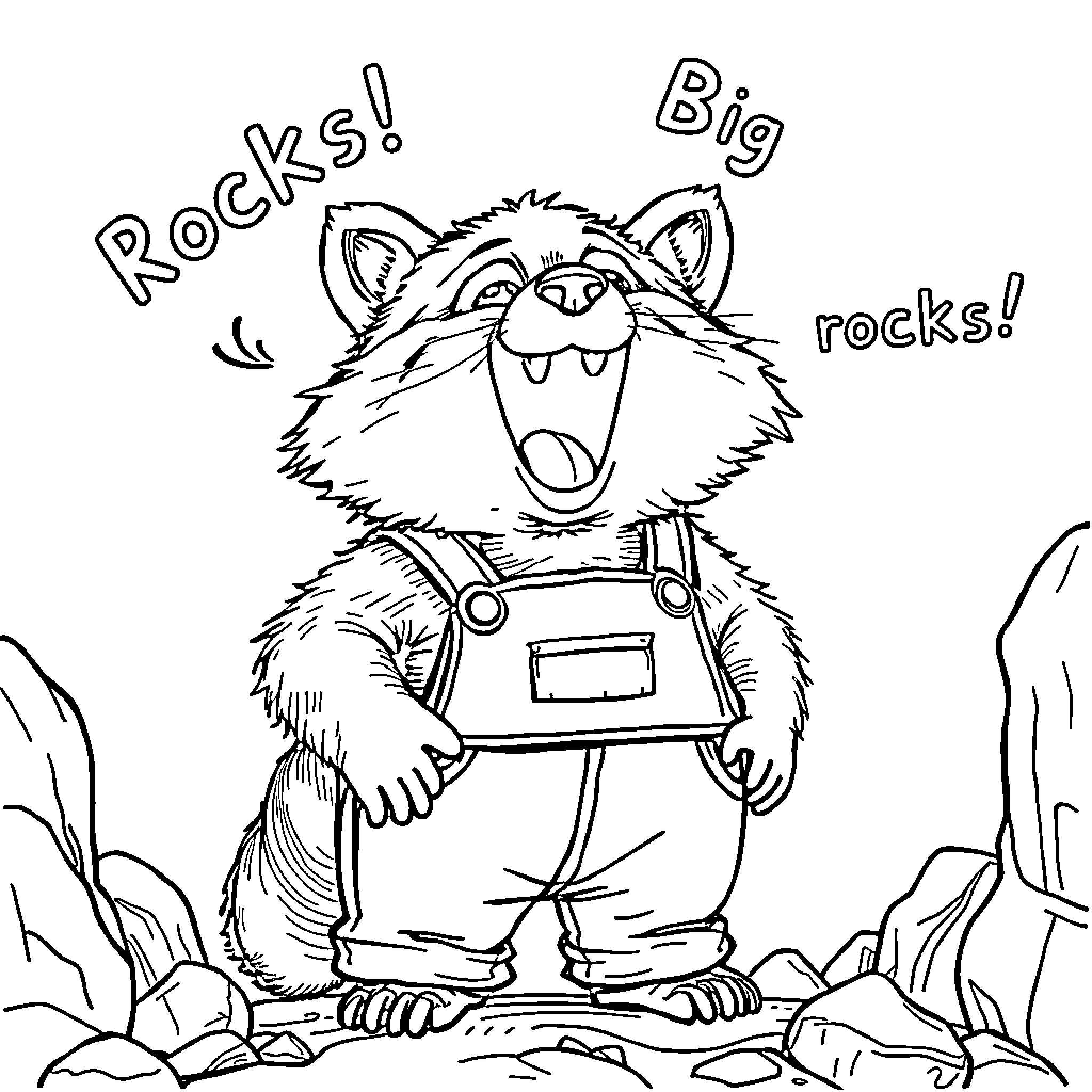 Raccoon shouting excitedly while wearing overalls Coloring Page (free black-and-white line drawing printable PDF for all, from beginners to advanced learners, including children, teens, adults, and seniors)