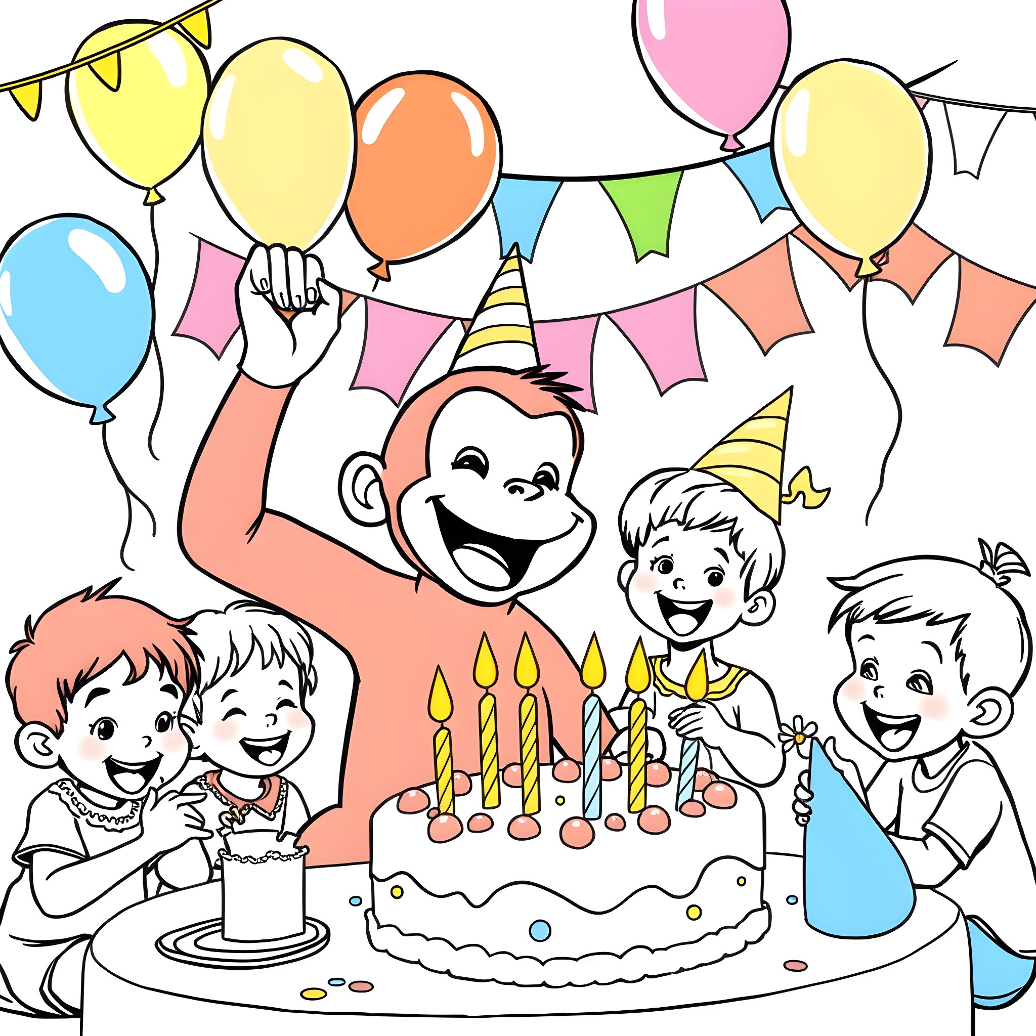 Curious George Celebrates a Joyful Birthday Party Coloring Page (free black-and-white line drawing printable PDF for all, from beginners to advanced learners, including children, teens, adults, and seniors)