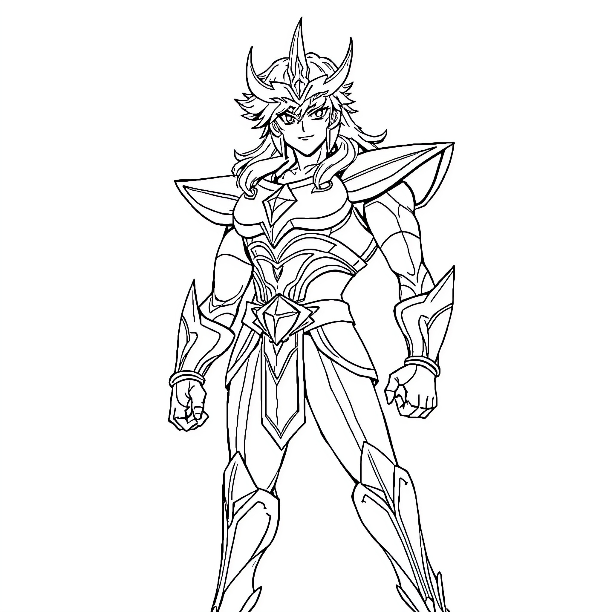 Shiryu in heroic warrior pose with intricate armor Coloring Page (free black-and-white line drawing printable PDF for all, from beginners to advanced learners, including children, teens, adults, and seniors)