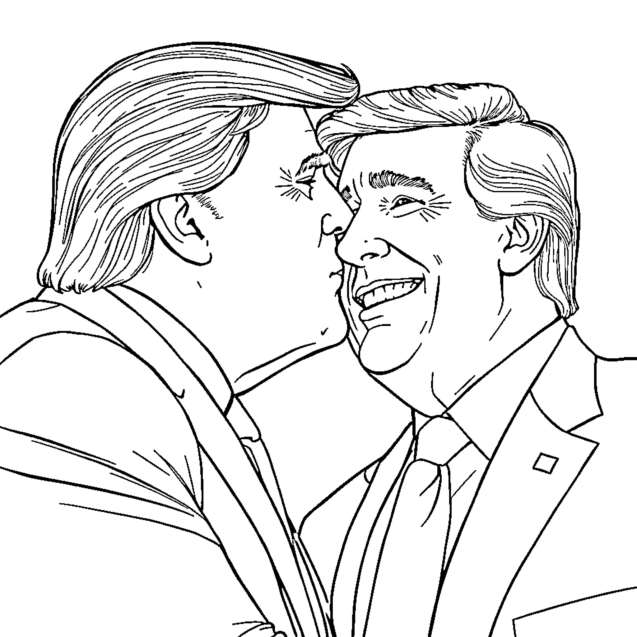 Trump's Gleeful Grin and Energetic Gestures Coloring Page (free black-and-white line drawing printable PDF for all, from beginners to advanced learners, including children, teens, adults, and seniors)