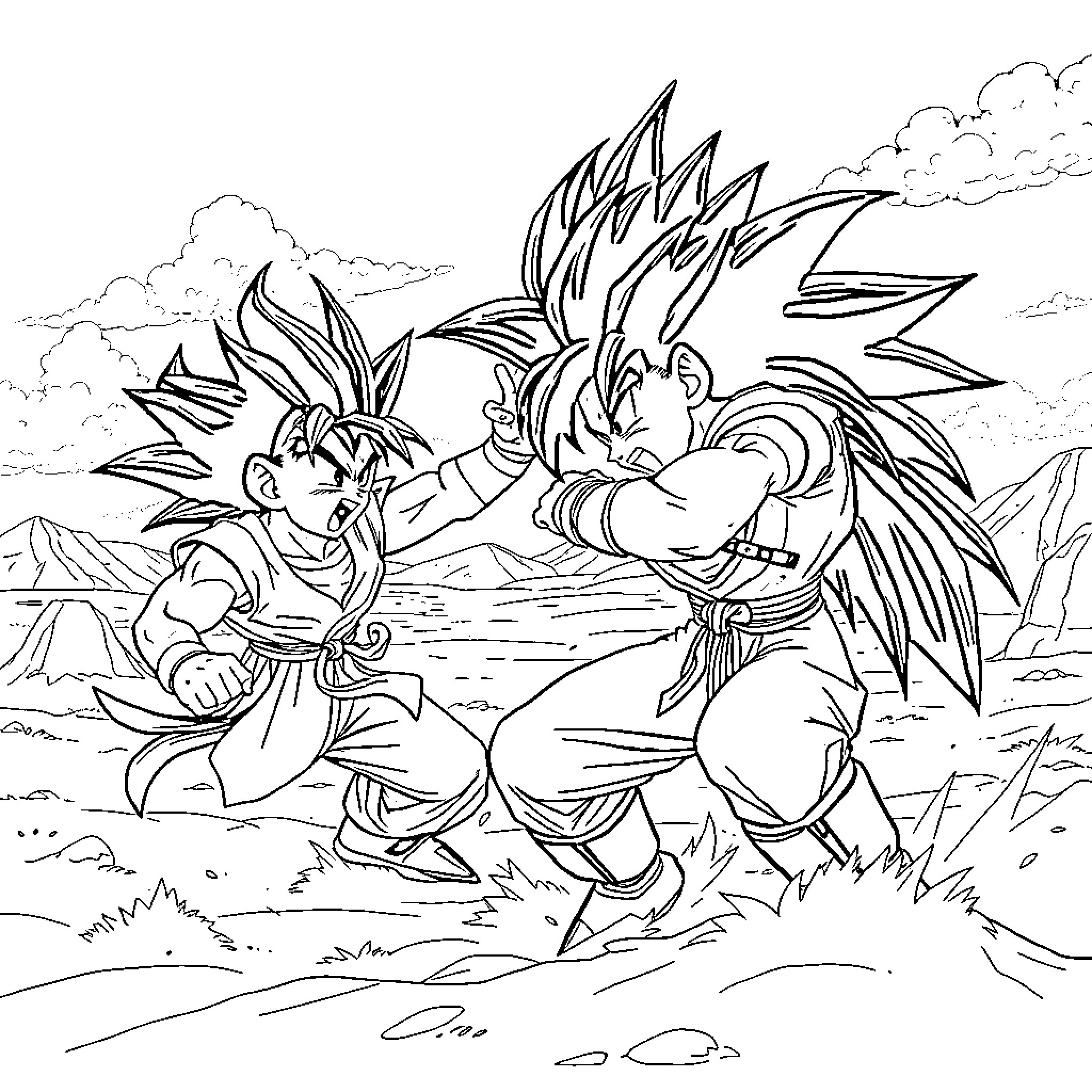 Goku and Goku Engaged in Intense Battle Coloring Page (free black-and-white line drawing printable PDF for all, from beginners to advanced learners, including children, teens, adults, and seniors)