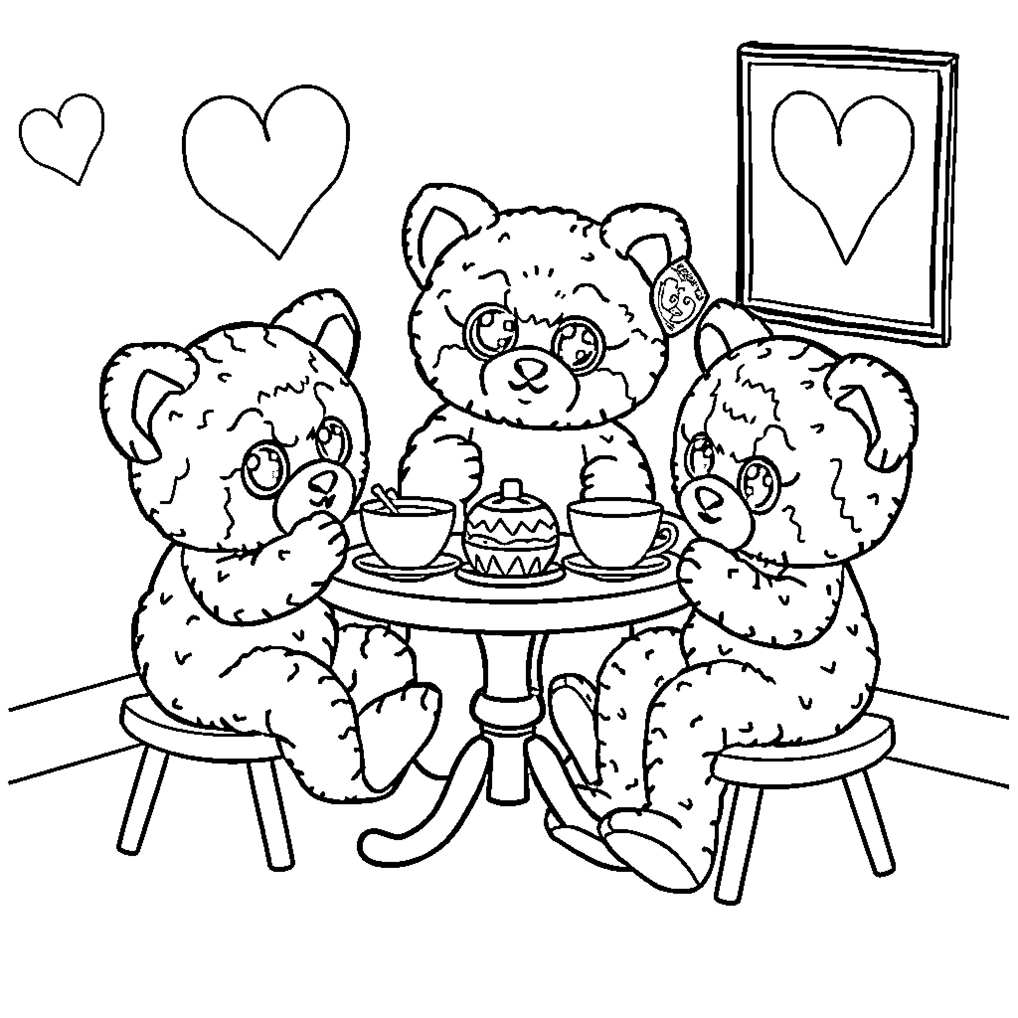 Beanie Boos enjoying tea party together Coloring Page (free black-and-white line drawing printable PDF for all, from beginners to advanced learners, including children, teens, adults, and seniors)