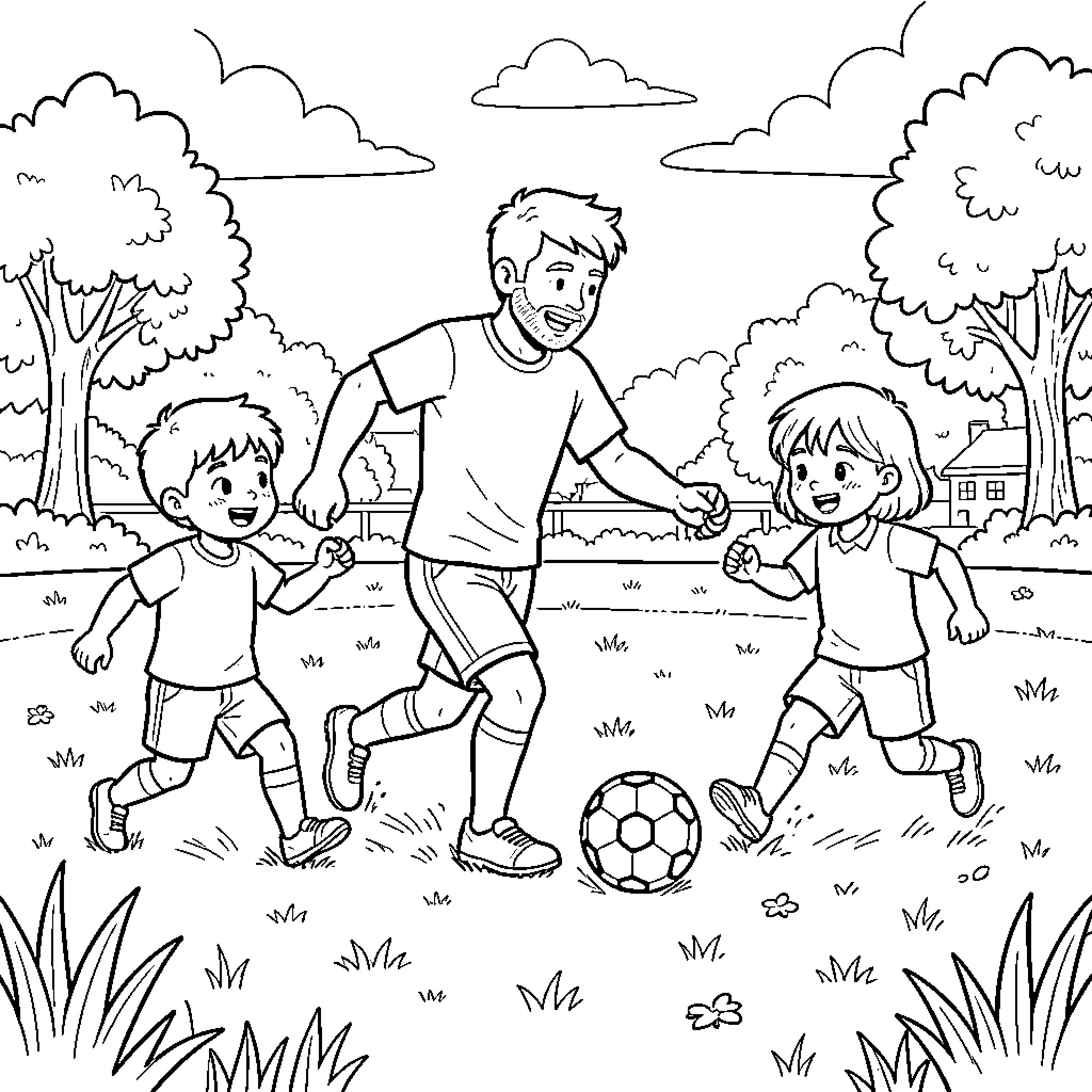 Futbol family playing together in a grassy park Coloring Page (free black-and-white line drawing printable PDF for all, from beginners to advanced learners, including children, teens, adults, and seniors)