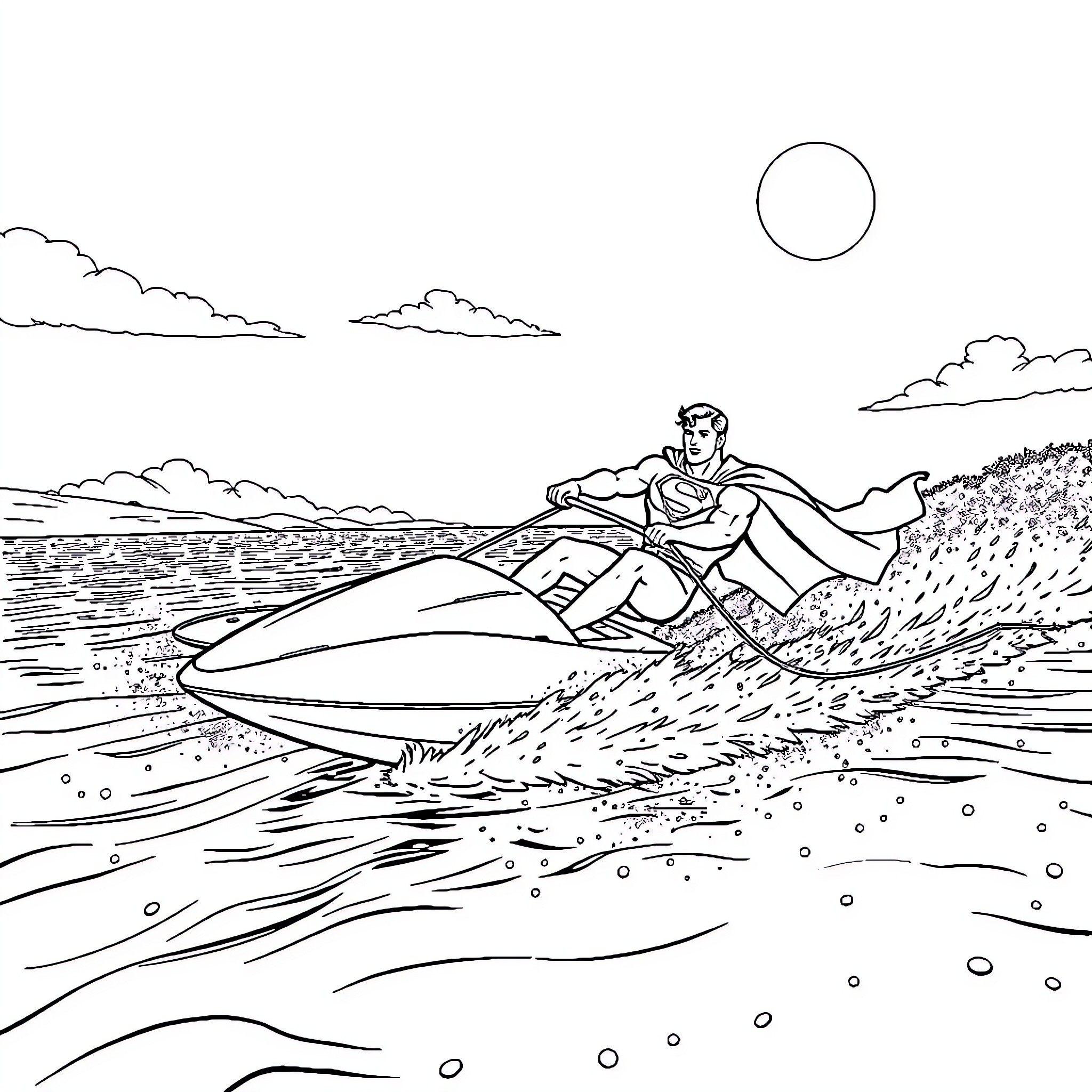Superman surfing the waves on a jetski Coloring Page (free black-and-white line drawing printable PDF for all, from beginners to advanced learners, including children, teens, adults, and seniors)