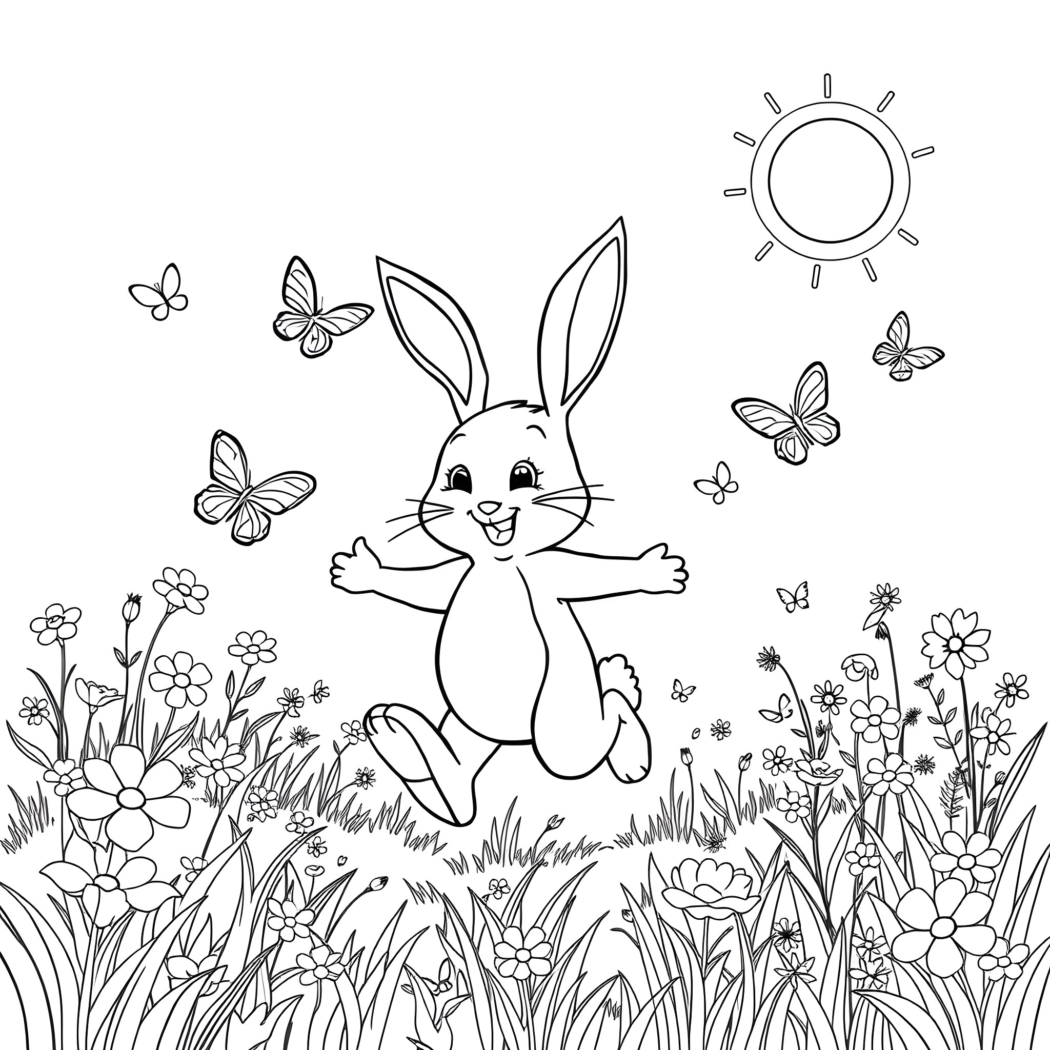 Bing Joyful Rabbit Leaping in Floral Field Coloring Page (free black-and-white line drawing printable PDF for all, from beginners to advanced learners, including children, teens, adults, and seniors)