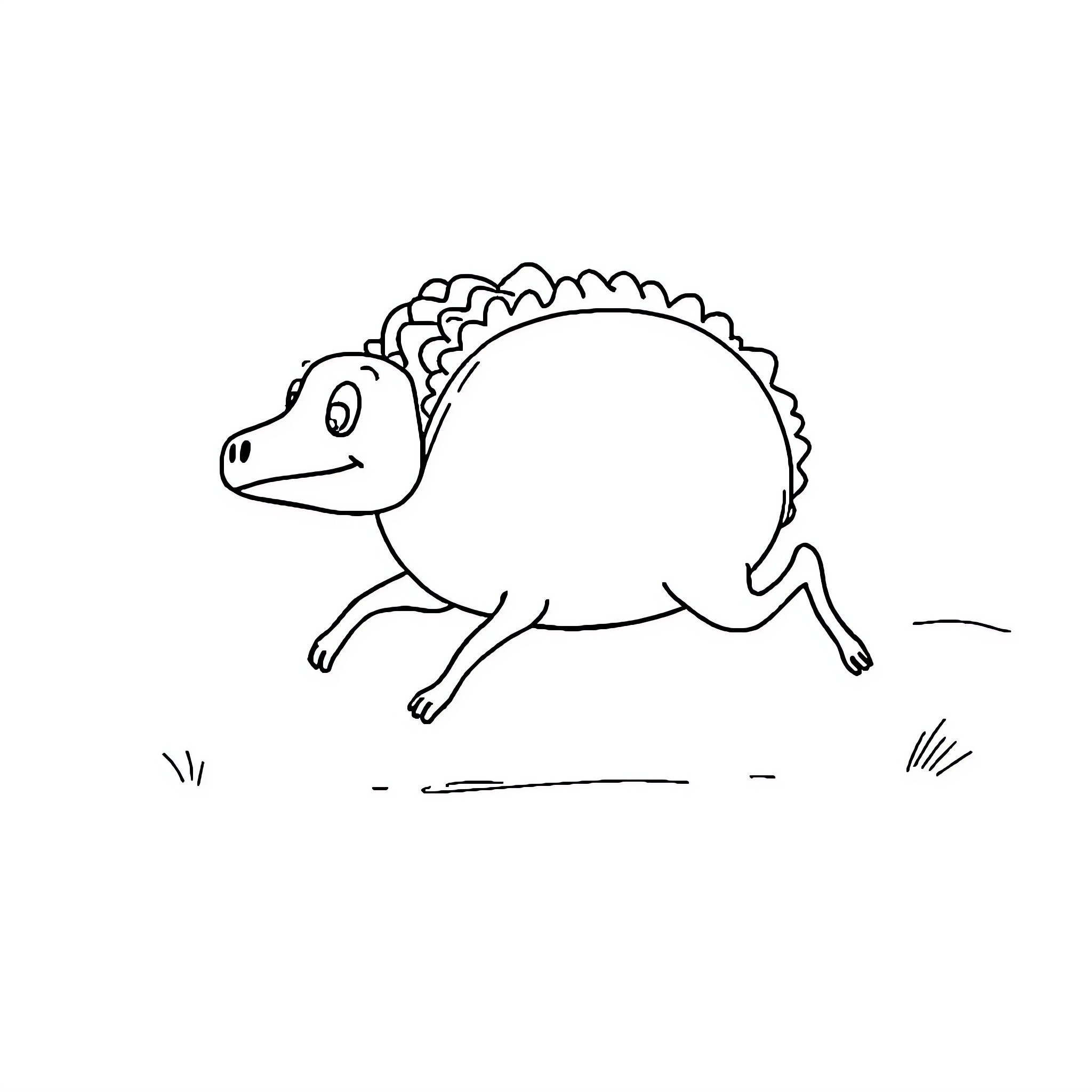 Taco the Friendly Dinosaur Scurrying Across the Meadow Coloring Page (free black-and-white line drawing printable PDF for all, from beginners to advanced learners, including children, teens, adults, and seniors)