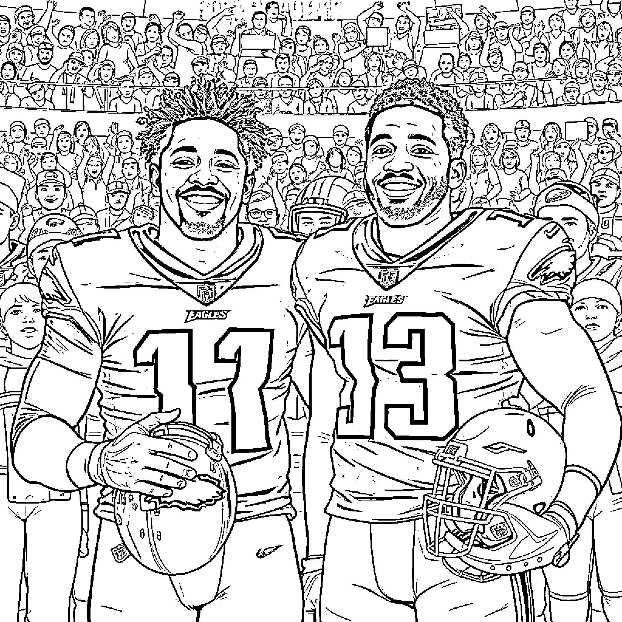 Wilbert Montgomery: Two football players celebrating on the field Coloring Page (free black-and-white line drawing printable PDF for all, from beginners to advanced learners, including children, teens, adults, and seniors)