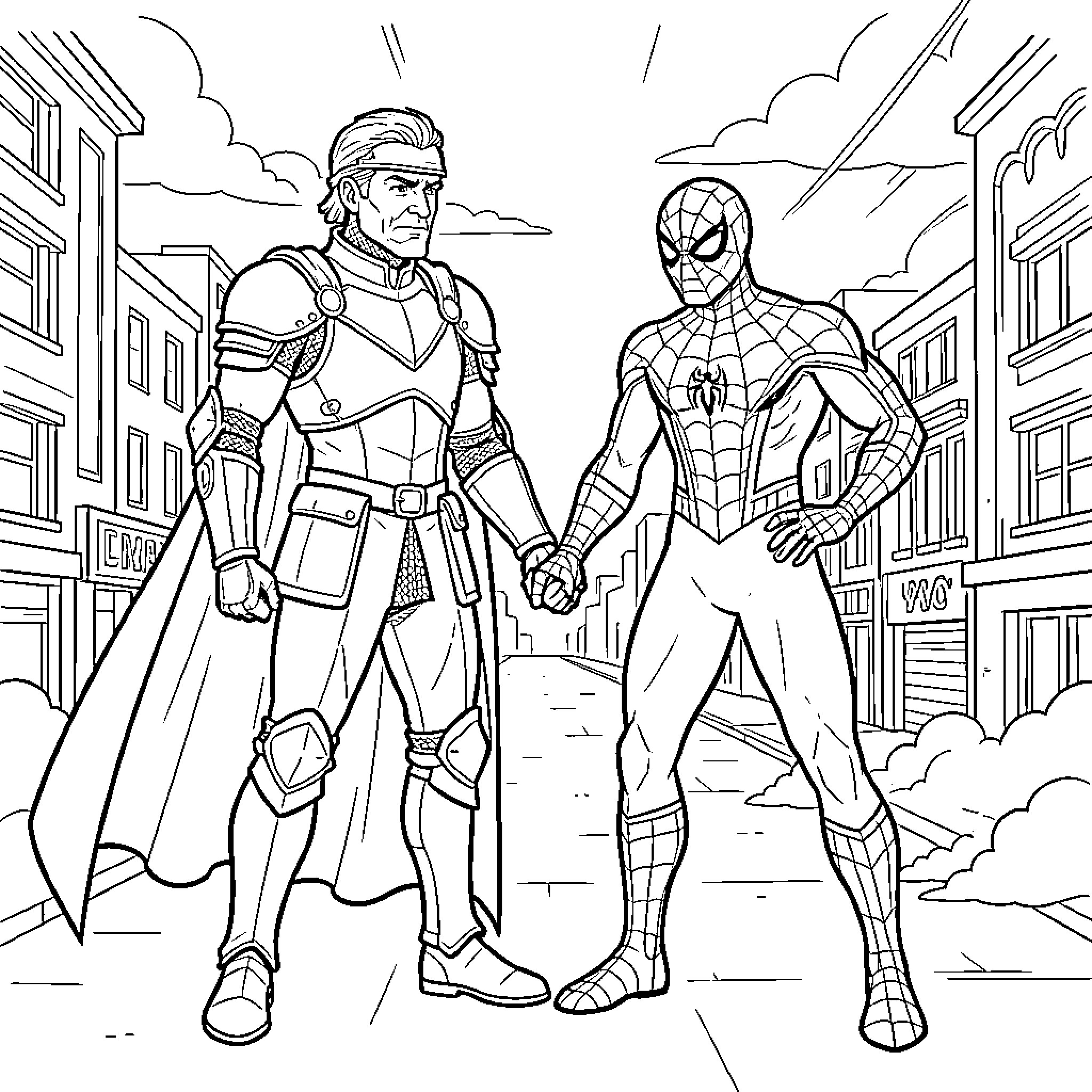 Knight in armor holding hands with a superhero Coloring Page (free black-and-white line drawing printable PDF for all, from beginners to advanced learners, including children, teens, adults, and seniors)