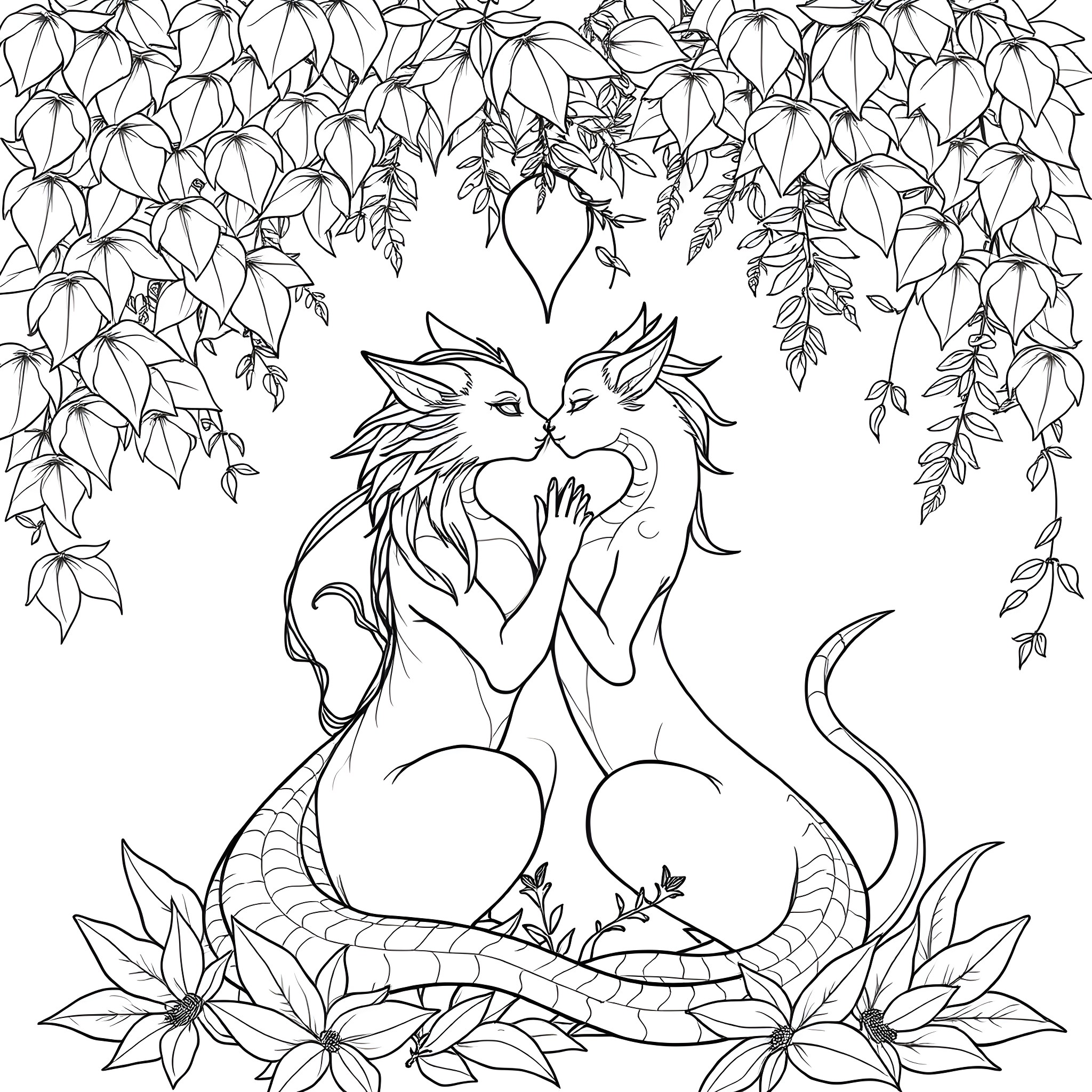 Fantasy Animal Mythical Creatures Embracing in Nature Coloring Page (free black-and-white line drawing printable PDF for all, from beginners to advanced learners, including children, teens, adults, and seniors)