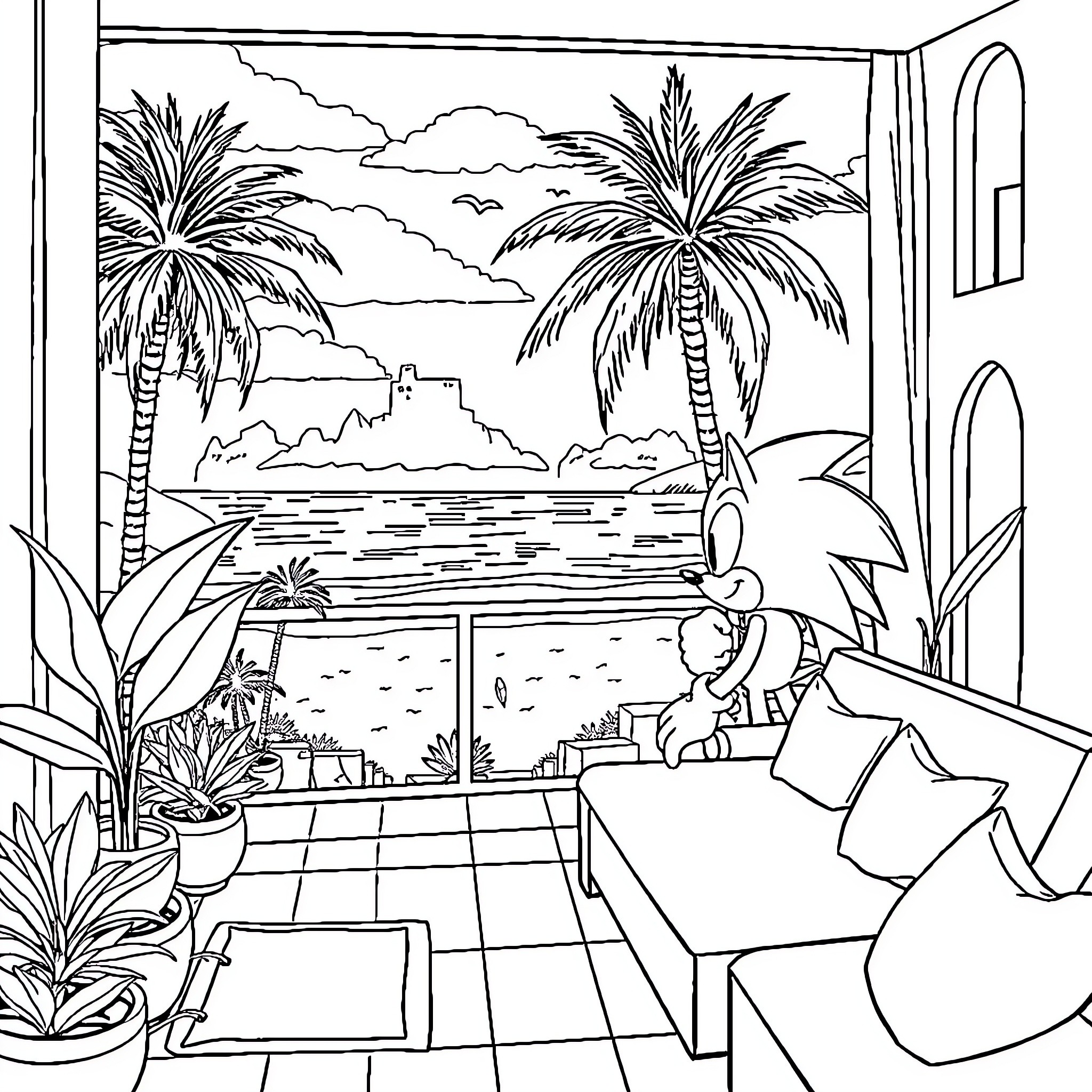 Sonic enjoying a tropical beach scene Coloring Page (free black-and-white line drawing printable PDF for all, from beginners to advanced learners, including children, teens, adults, and seniors)