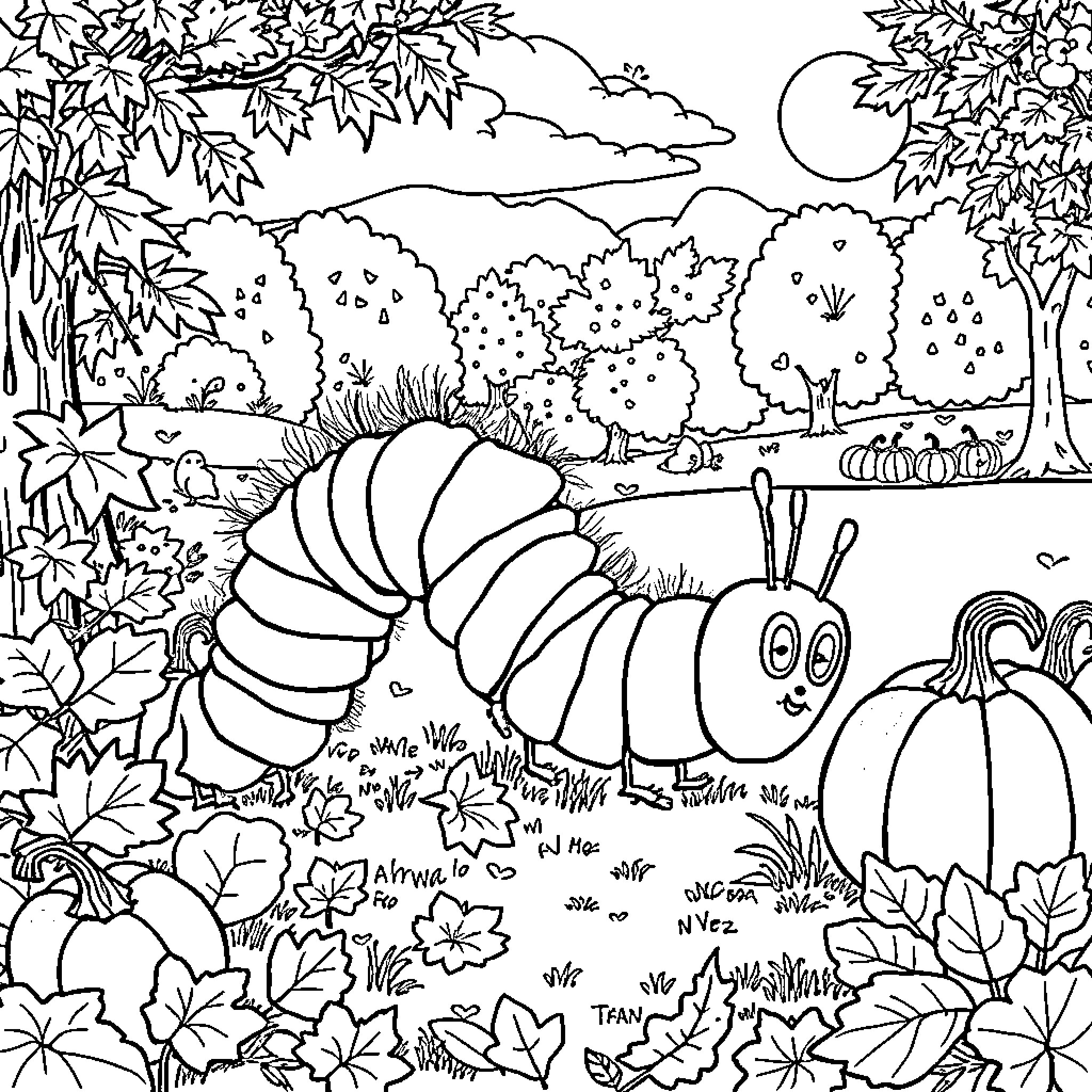 Caterpillar exploring the vibrant autumn landscape Coloring Page (free black-and-white line drawing printable PDF for all, from beginners to advanced learners, including children, teens, adults, and seniors)