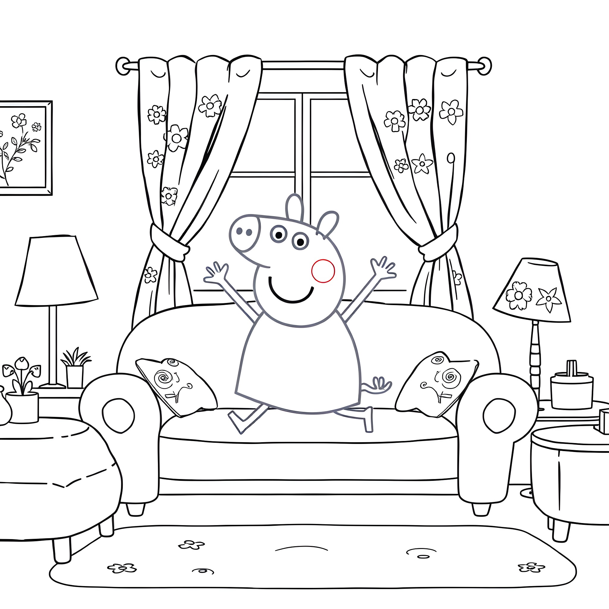 Peppa Pig playing happily in her bedroom Coloring Page (free black-and-white line drawing printable PDF for all, from beginners to advanced learners, including children, teens, adults, and seniors)