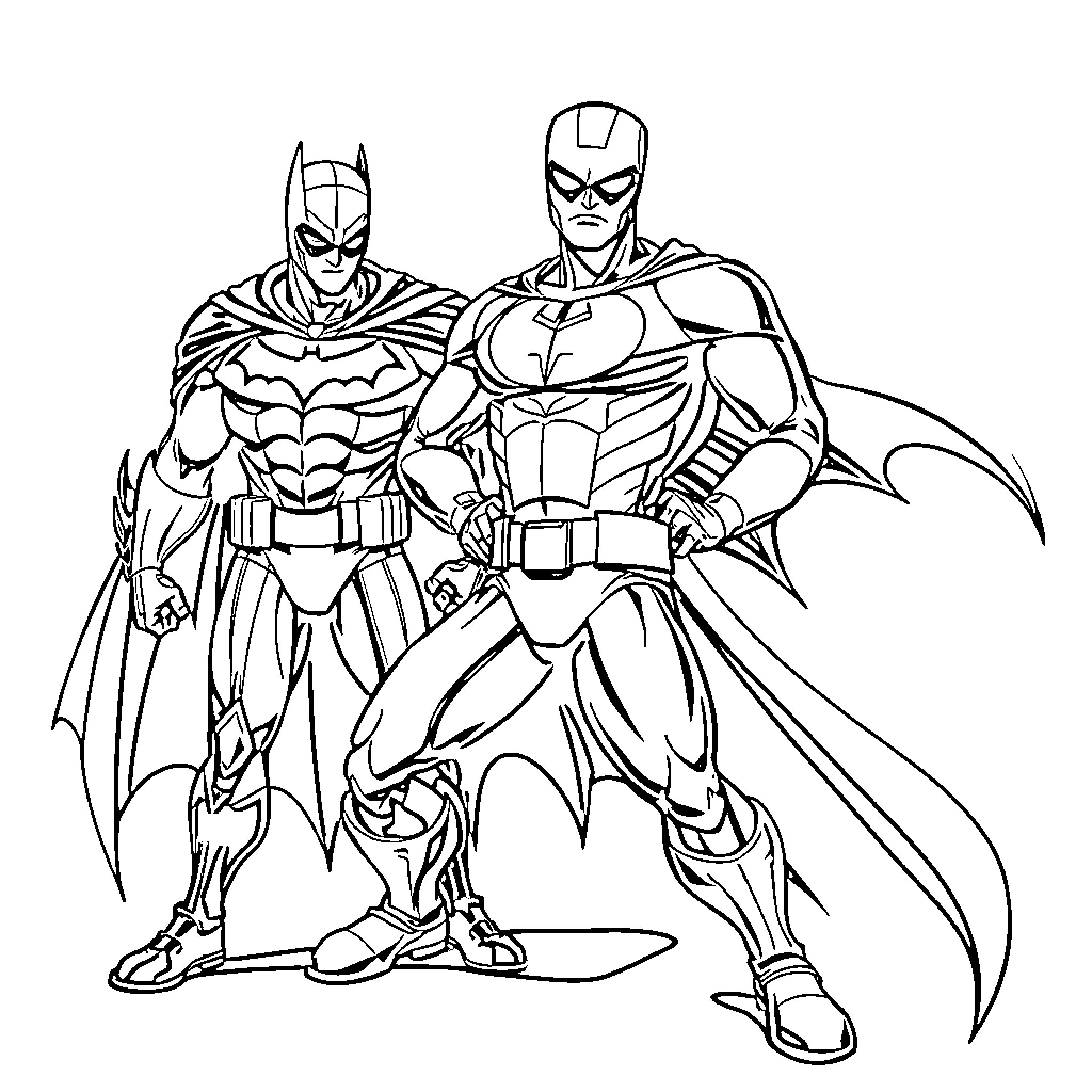 Superman and Superhero Friends in Action Poses Coloring Page (free black-and-white line drawing printable PDF for all, from beginners to advanced learners, including children, teens, adults, and seniors)