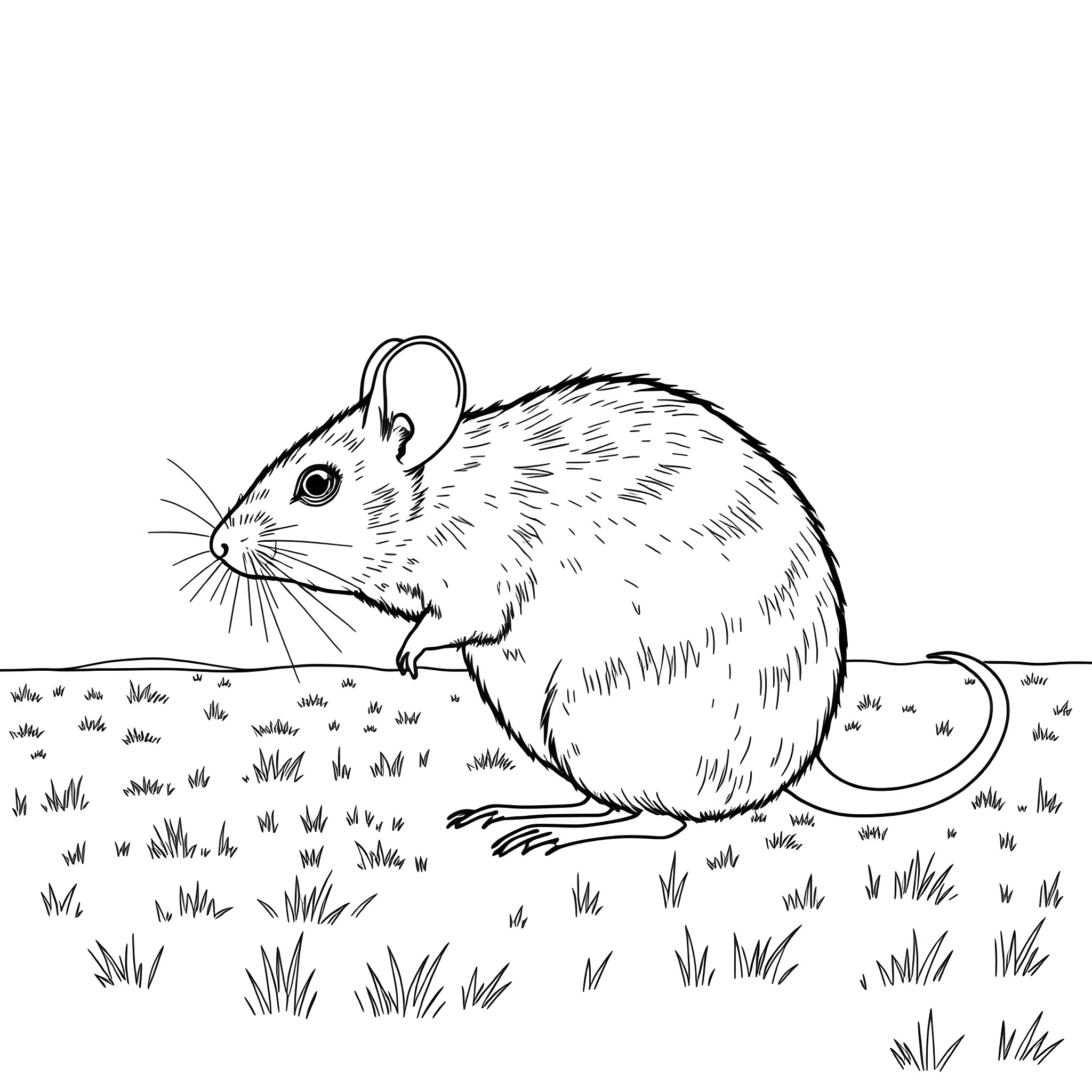 Mouse exploring the grassy field Coloring Page (free black-and-white line drawing printable PDF for all, from beginners to advanced learners, including children, teens, adults, and seniors)