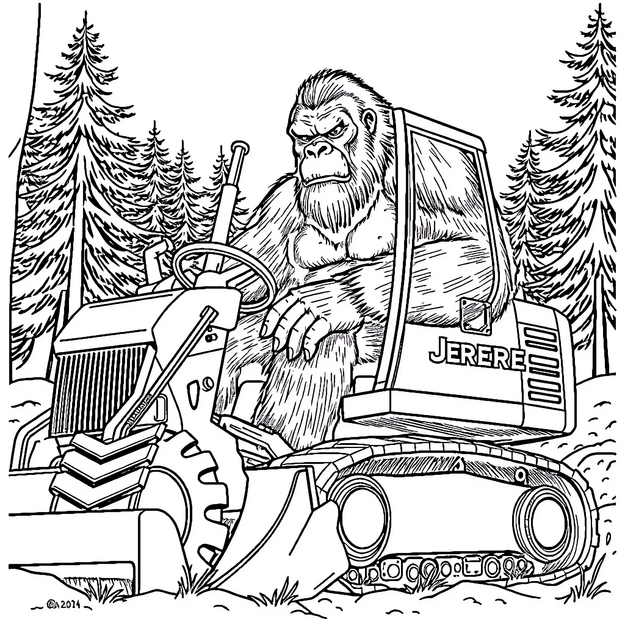Bigfoot driving a forestry tractor in the woods Coloring Page (free black-and-white line drawing printable PDF for all, from beginners to advanced learners, including children, teens, adults, and seniors)
