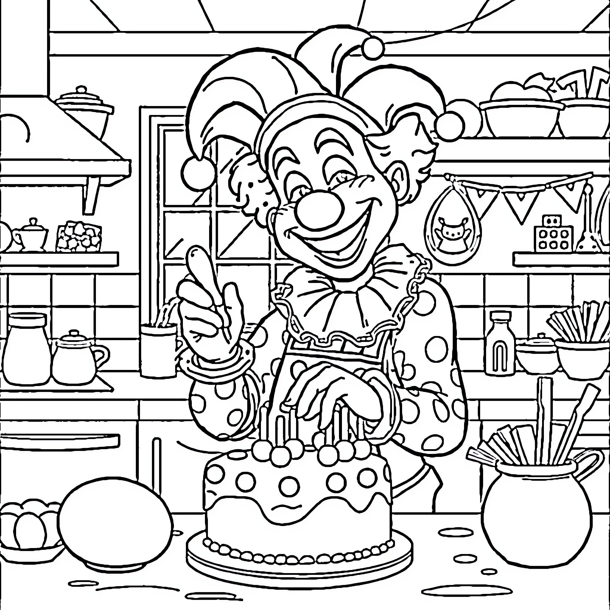 Clown baking a festive cake in the kitchen Coloring Page (free black-and-white line drawing printable PDF for all, from beginners to advanced learners, including children, teens, adults, and seniors)