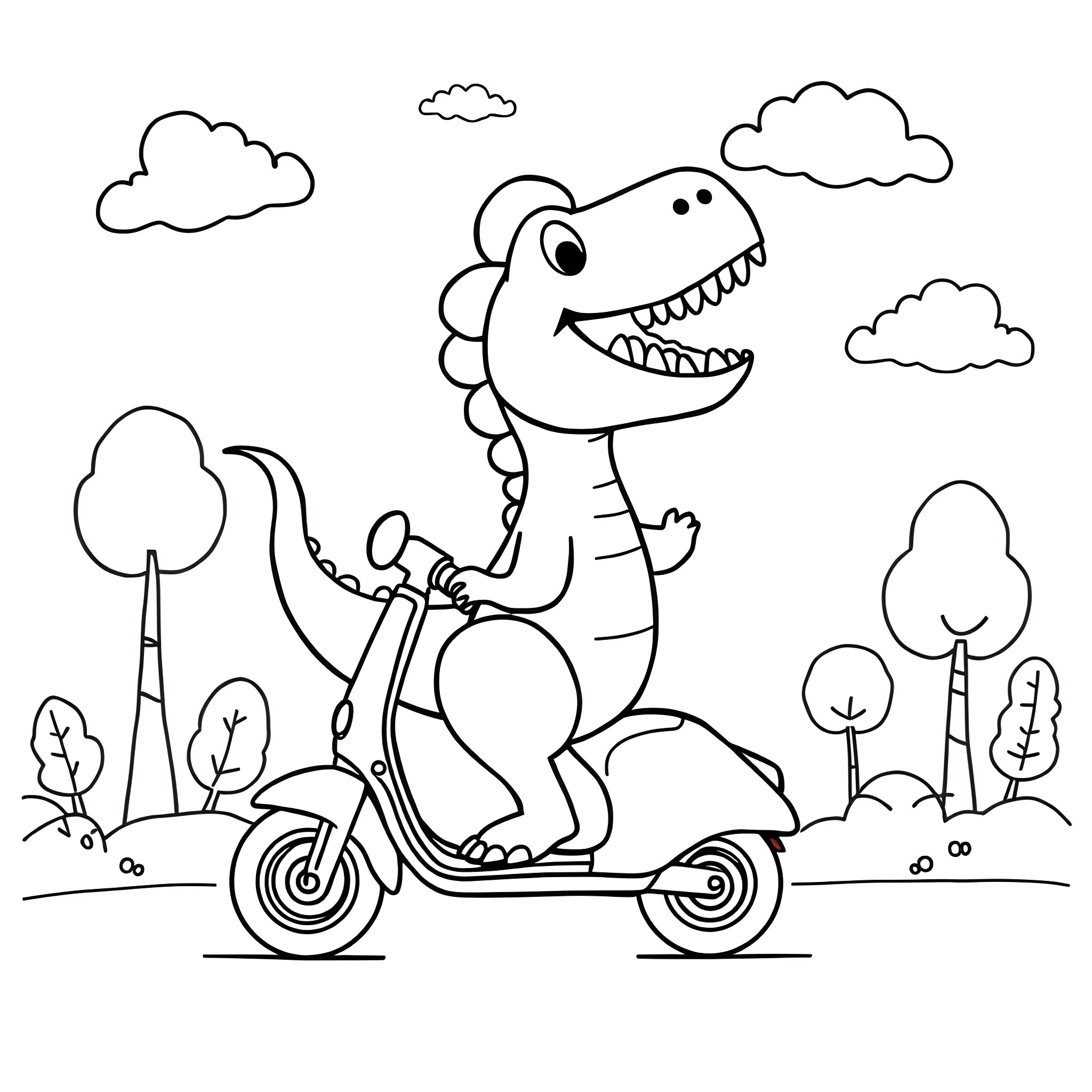 Dinosaur riding a scooter in a park Coloring Page (free black-and-white line drawing printable PDF for all, from beginners to advanced learners, including children, teens, adults, and seniors)
