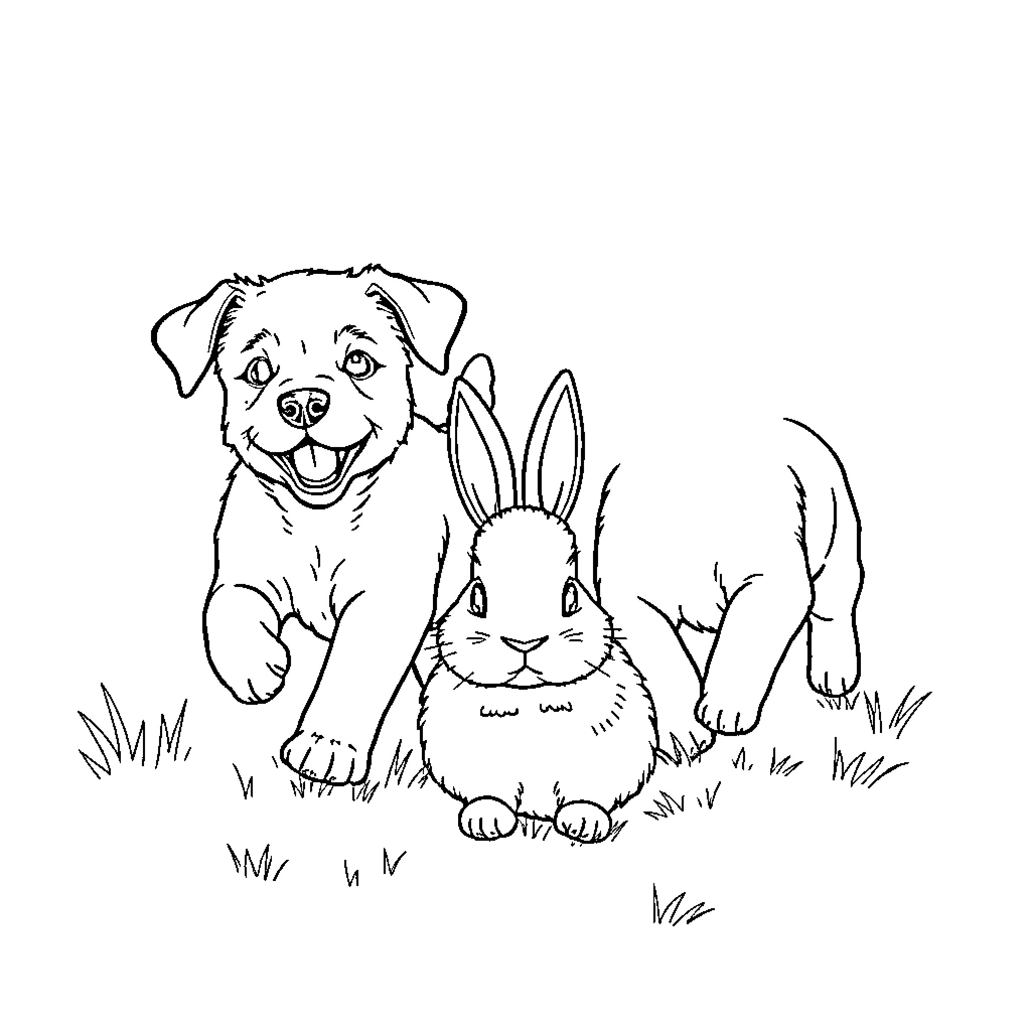 Puppy and rabbit in the meadow Coloring Page (free black-and-white line drawing printable PDF for all, from beginners to advanced learners, including children, teens, adults, and seniors)