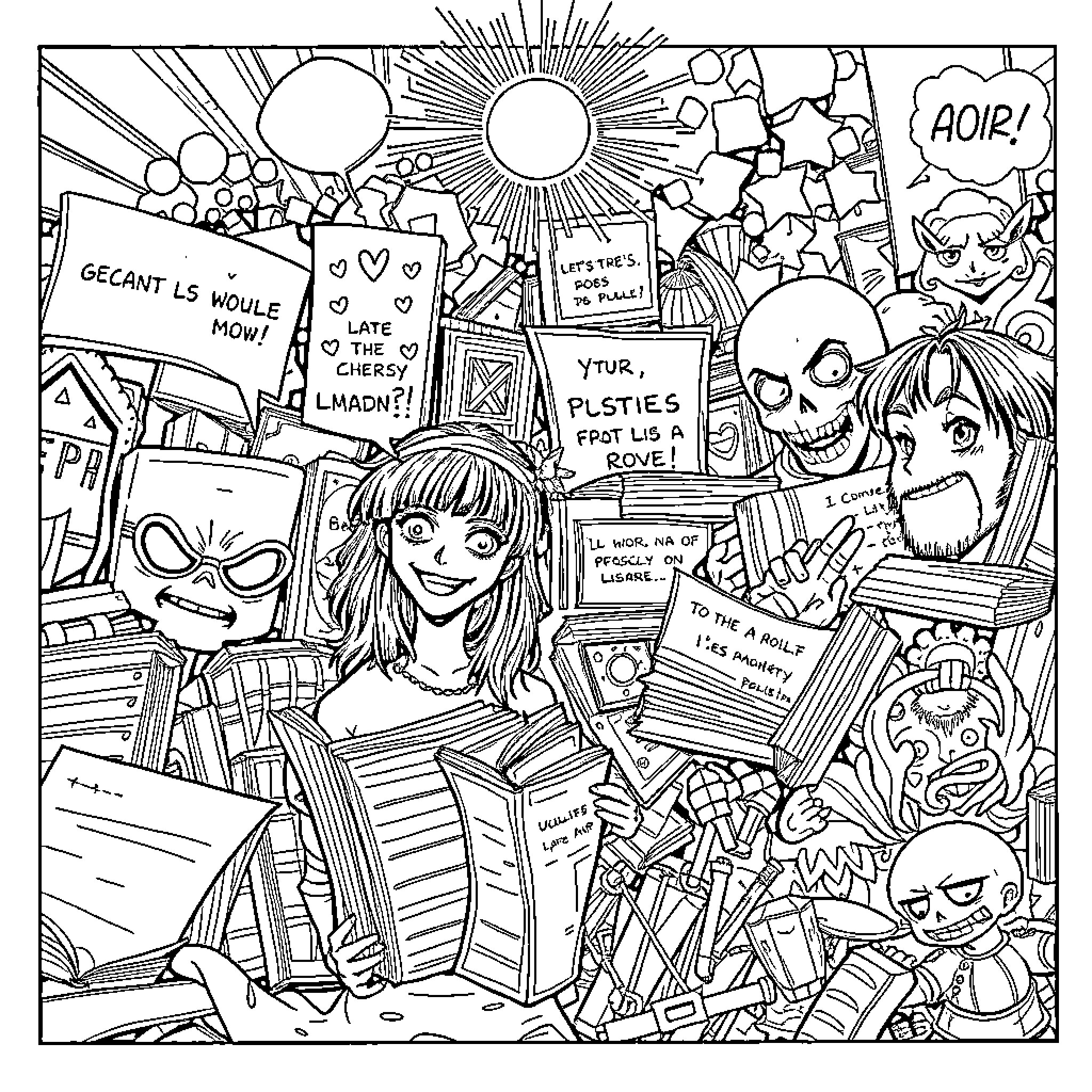 Manga Featuring Eccentric Characters, Dialogue, and Surreal Imagery Coloring Page (free black-and-white line drawing printable PDF for all, from beginners to advanced learners, including children, teens, adults, and seniors)