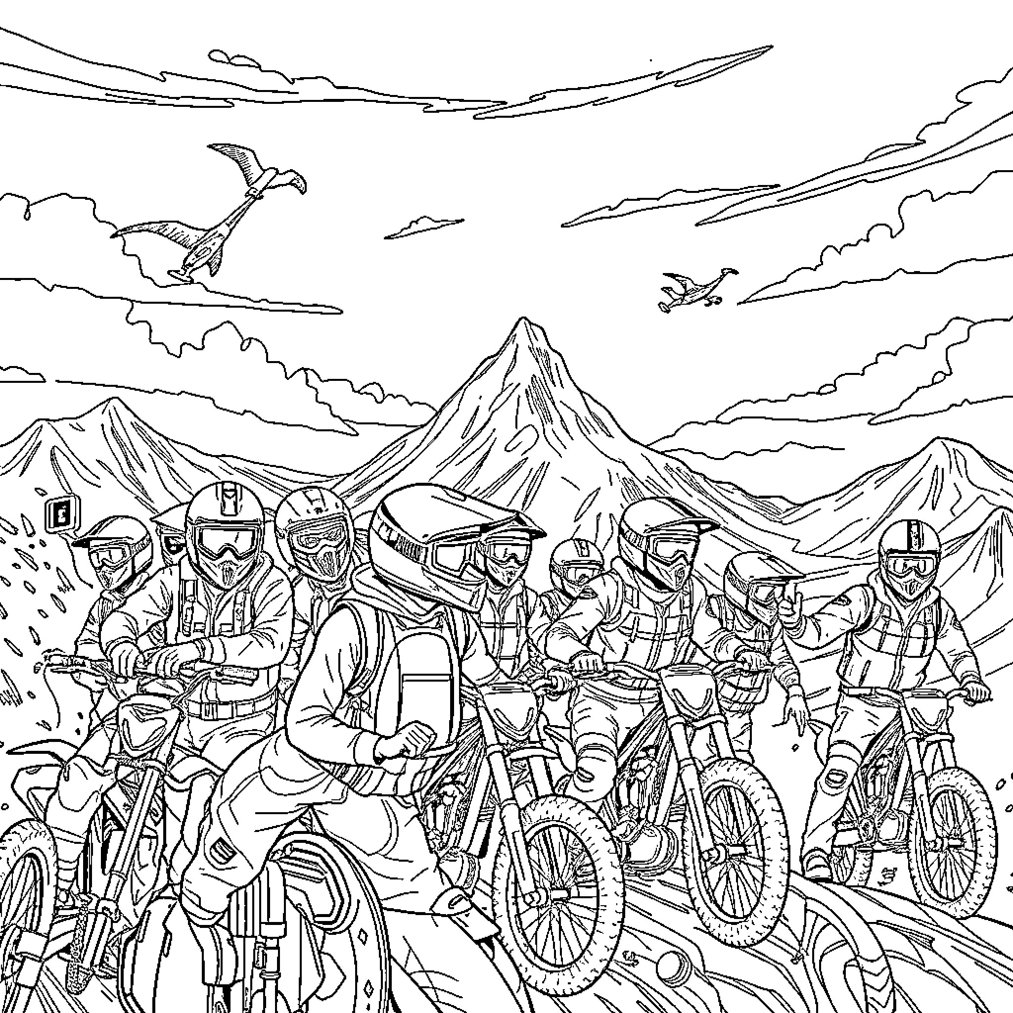 Enthusiastic off-road cyclists in rugged mountain terrain Coloring Page (free black-and-white line drawing printable PDF for all, from beginners to advanced learners, including children, teens, adults, and seniors)