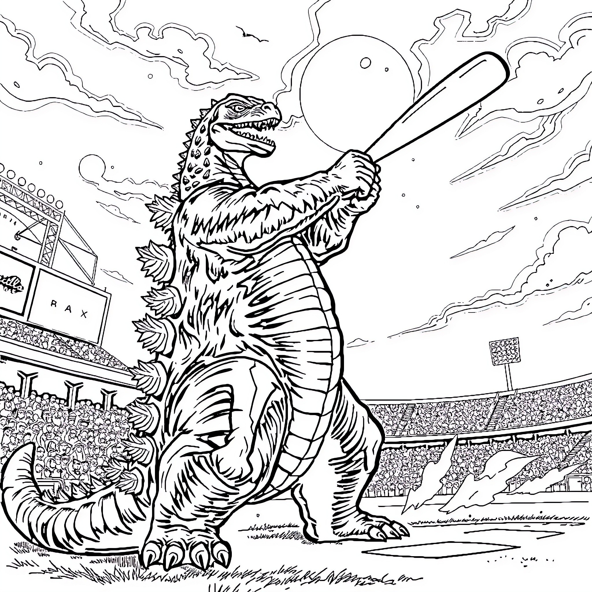 Godzilla battling with a baseball bat in a stadium Coloring Page (free black-and-white line drawing printable PDF for all, from beginners to advanced learners, including children, teens, adults, and seniors)