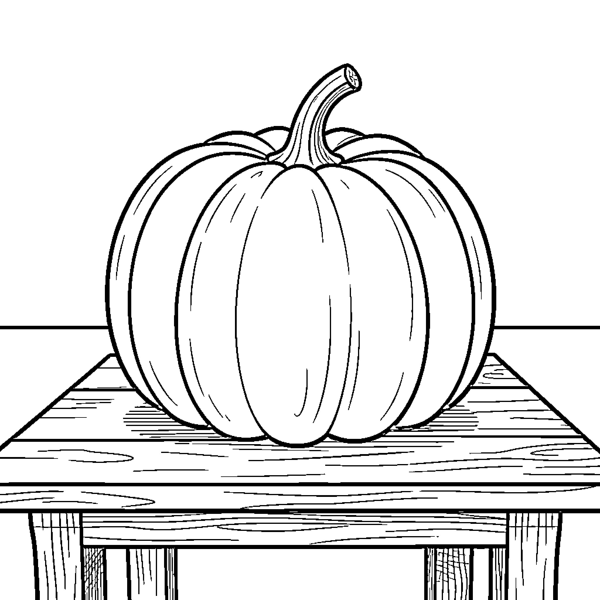 Pumpkin sitting peacefully on a wooden table Coloring Page (free black-and-white line drawing printable PDF for all, from beginners to advanced learners, including children, teens, adults, and seniors)