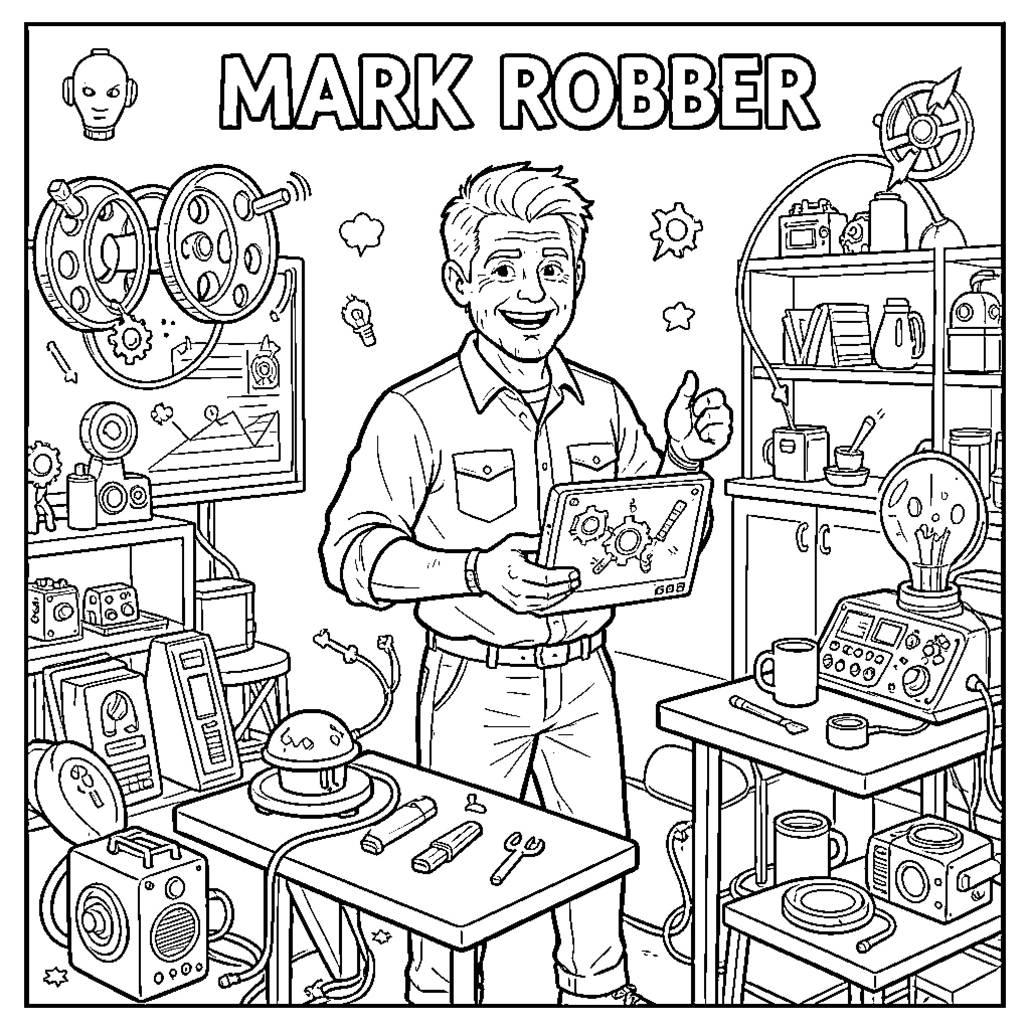 Mark Rober's Inventive Workroom Coloring Page (free black-and-white line drawing printable PDF for all, from beginners to advanced learners, including children, teens, adults, and seniors)