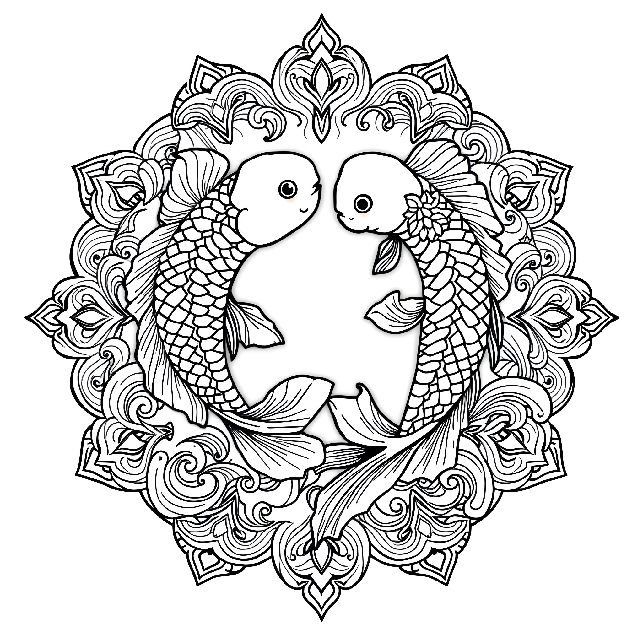 Koi Fish Swimming Amidst Ornate Mandala Coloring Page (free black-and-white line drawing printable PDF for all, from beginners to advanced learners, including children, teens, adults, and seniors)