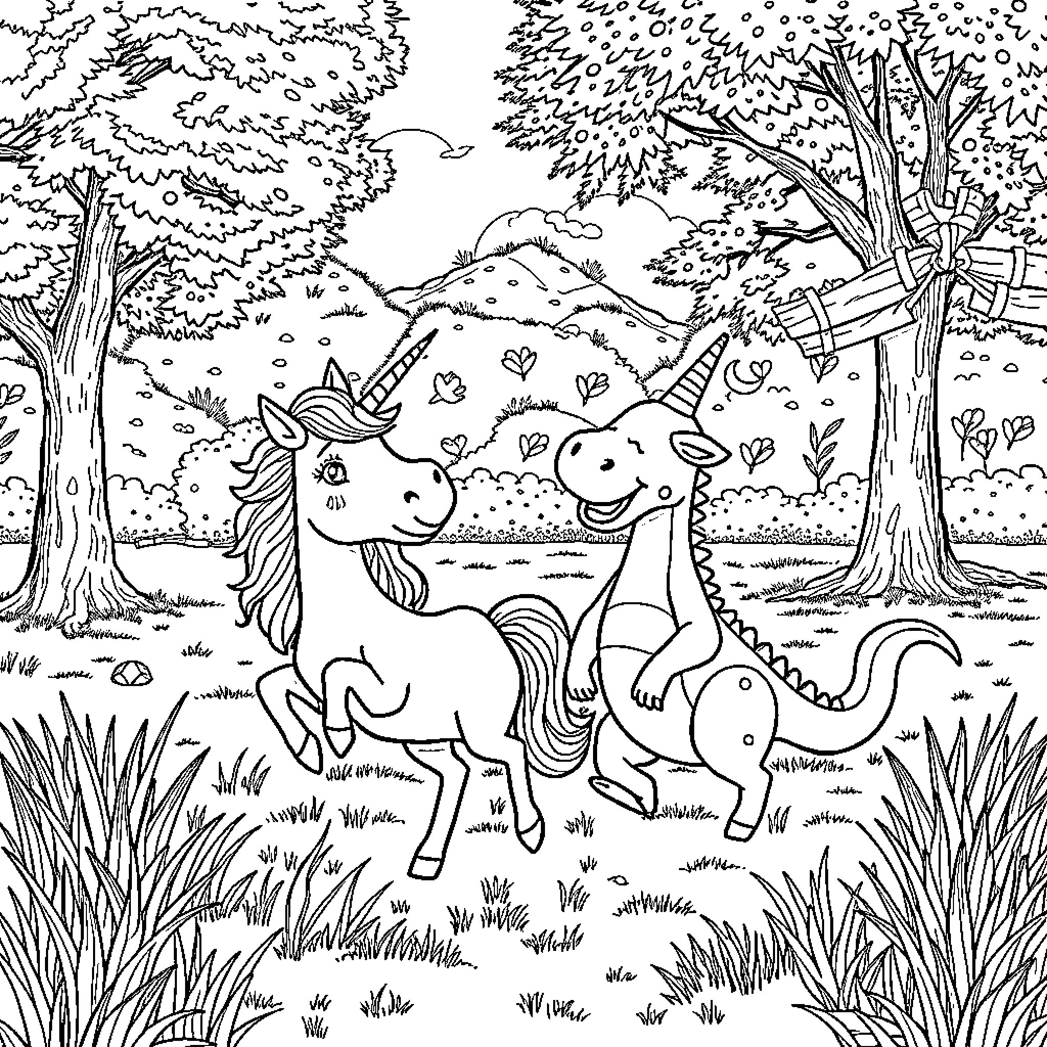 Capybara and unicorn playing in the forest Coloring Page (free black-and-white line drawing printable PDF for all, from beginners to advanced learners, including children, teens, adults, and seniors)