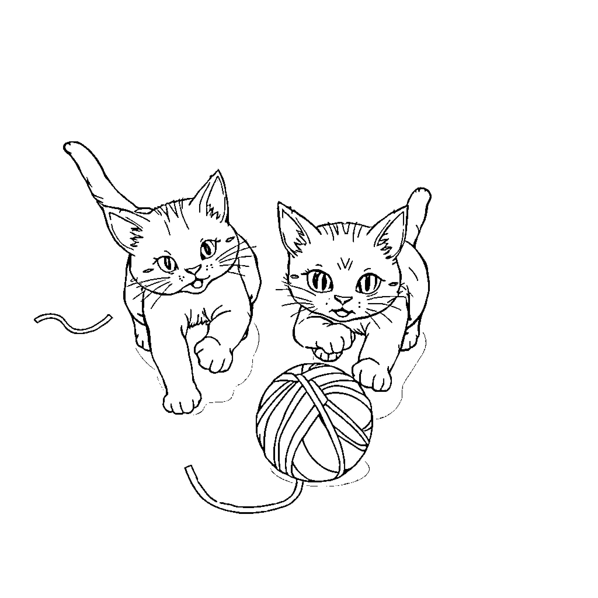 Cats playing with yarn ball Coloring Page (free black-and-white line drawing printable PDF for all, from beginners to advanced learners, including children, teens, adults, and seniors)