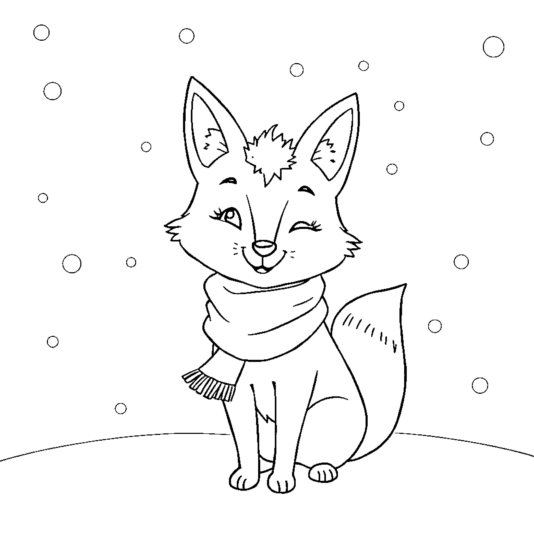 Fox enjoying the snowy weather in a cozy scarf Coloring Page (free black-and-white line drawing printable PDF for all, from beginners to advanced learners, including children, teens, adults, and seniors)