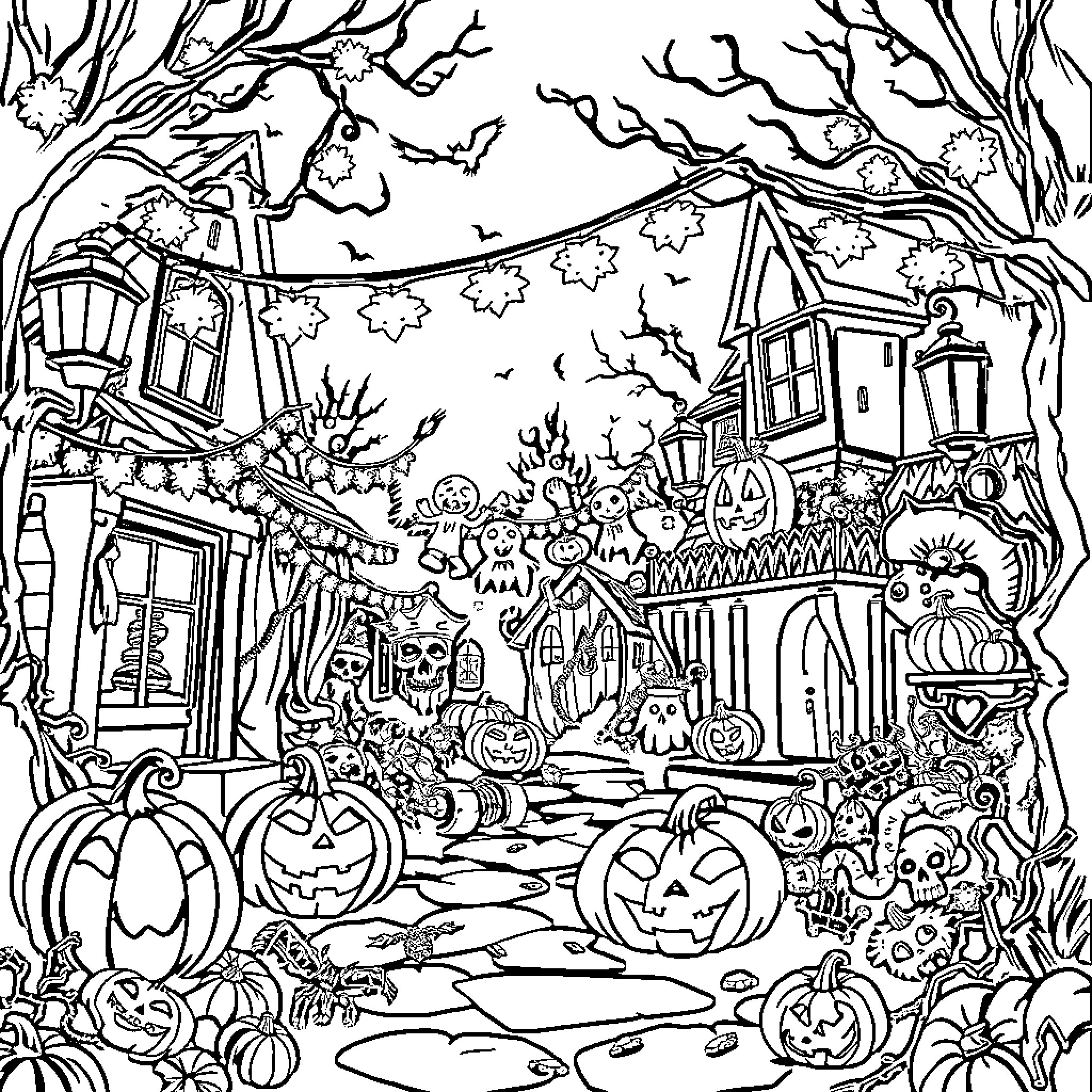 Halloween Haunted Houses and Spooky Creatures Coloring Page (free black-and-white line drawing printable PDF for all, from beginners to advanced learners, including children, teens, adults, and seniors)