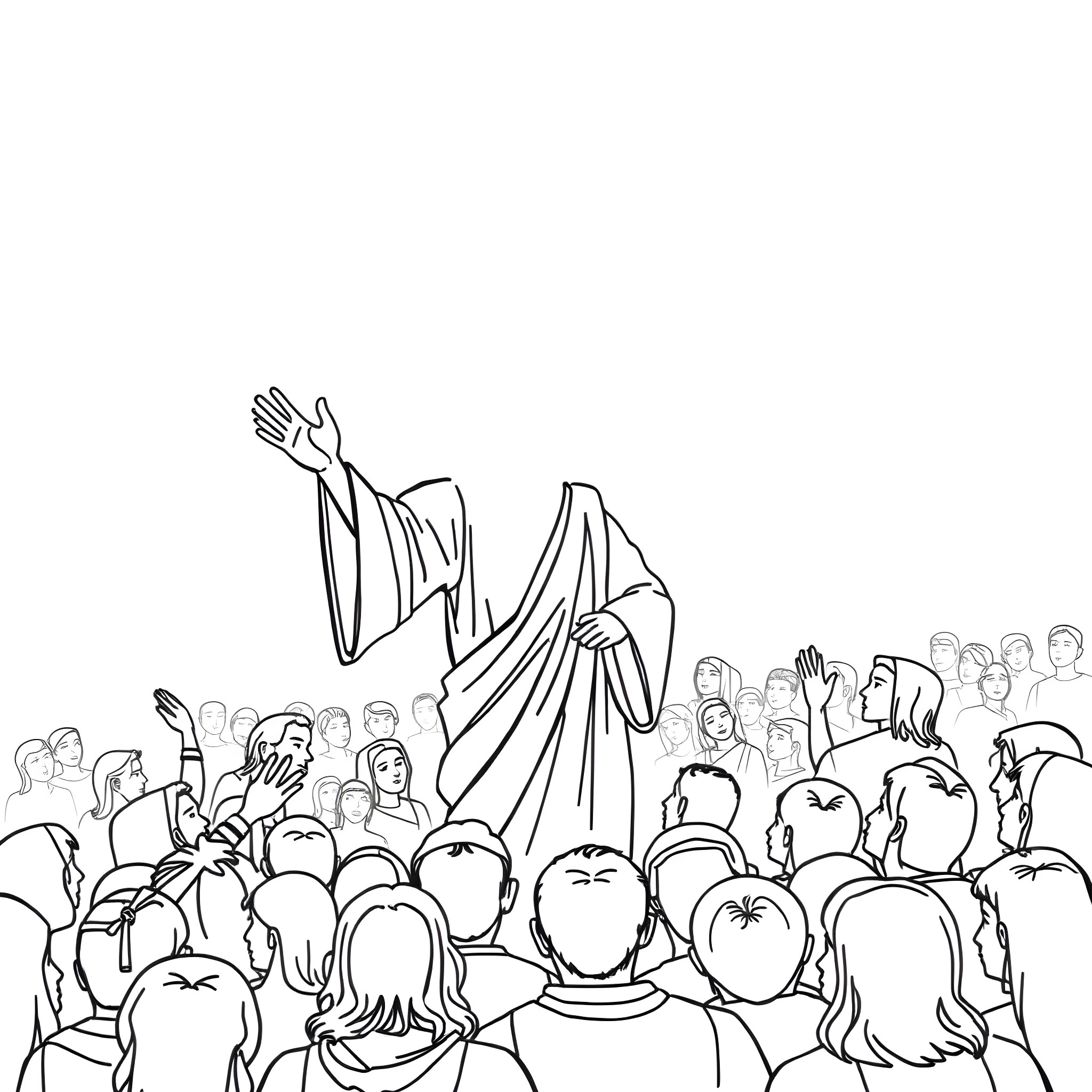 Jesus preaching to a large crowd Coloring Page (free black-and-white line drawing printable PDF for all, from beginners to advanced learners, including children, teens, adults, and seniors)