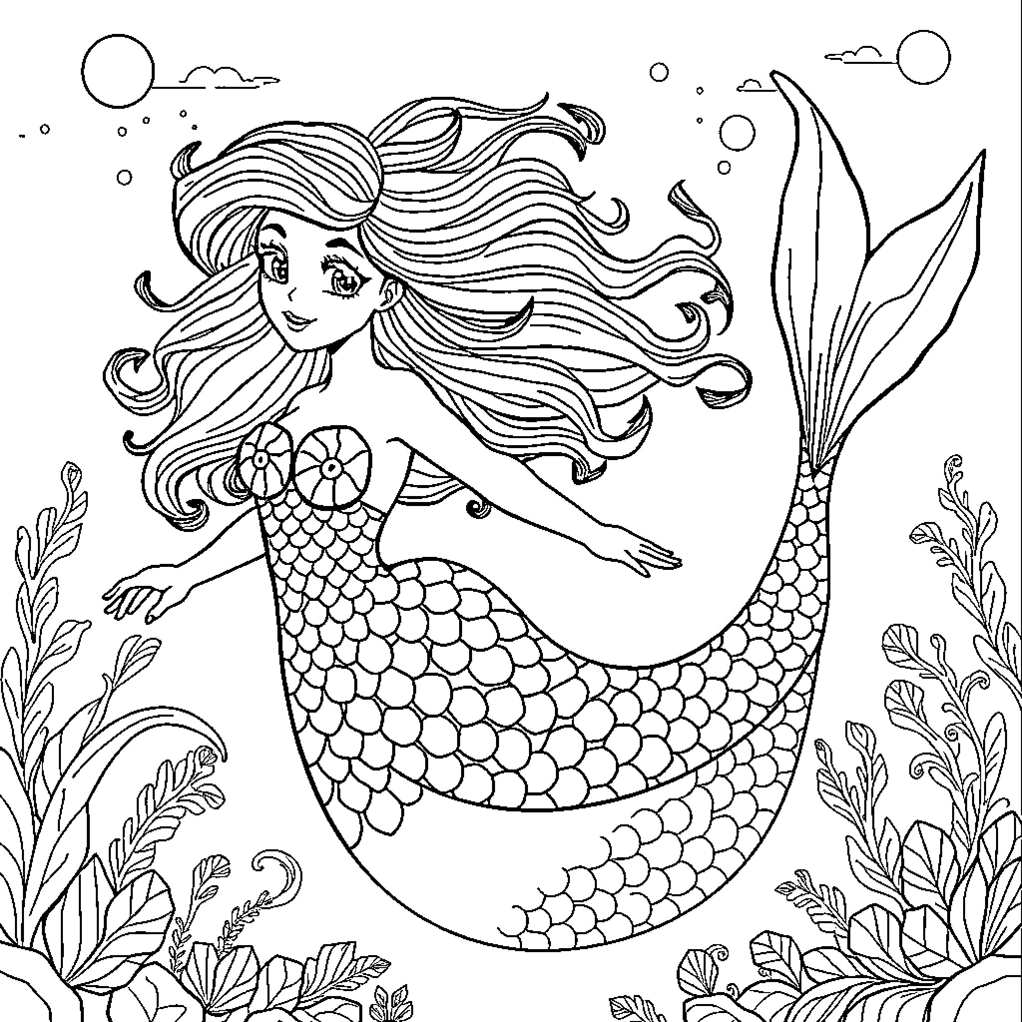 Mermaid swimming gracefully in the underwater scene Coloring Page (free black-and-white line drawing printable PDF for all, from beginners to advanced learners, including children, teens, adults, and seniors)