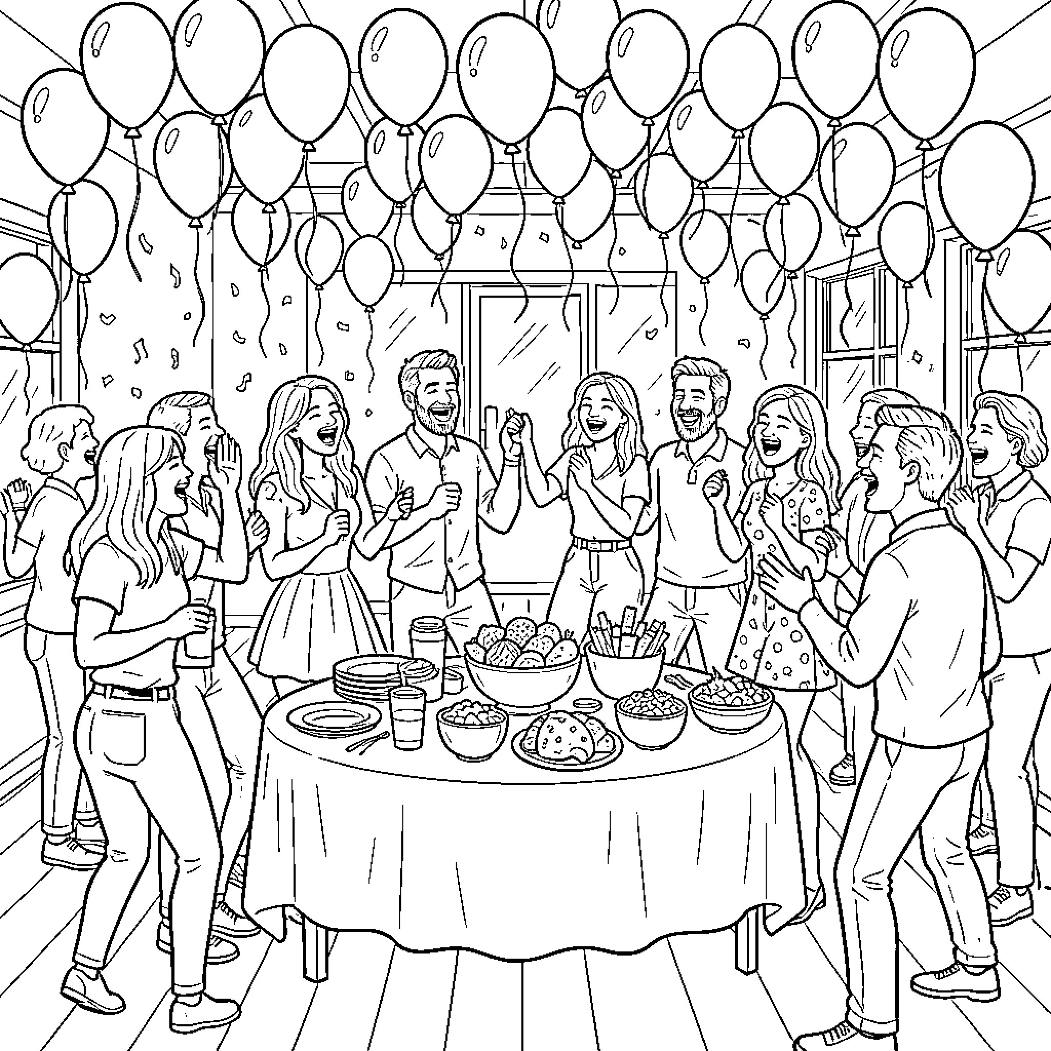 Party guests celebrating joyfully around a banquet table Coloring Page (free black-and-white line drawing printable PDF for all, from beginners to advanced learners, including children, teens, adults, and seniors)