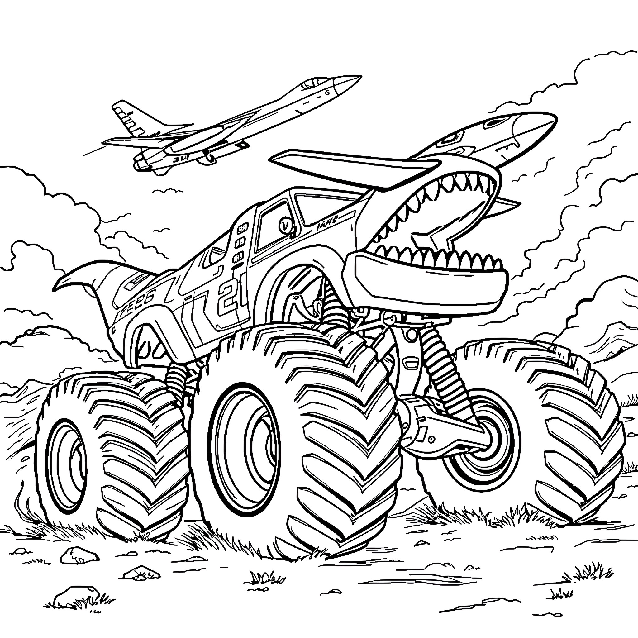Megalodon Monster Truck Chasing Jet in the Sky Coloring Page (free black-and-white line drawing printable PDF for all, from beginners to advanced learners, including children, teens, adults, and seniors)