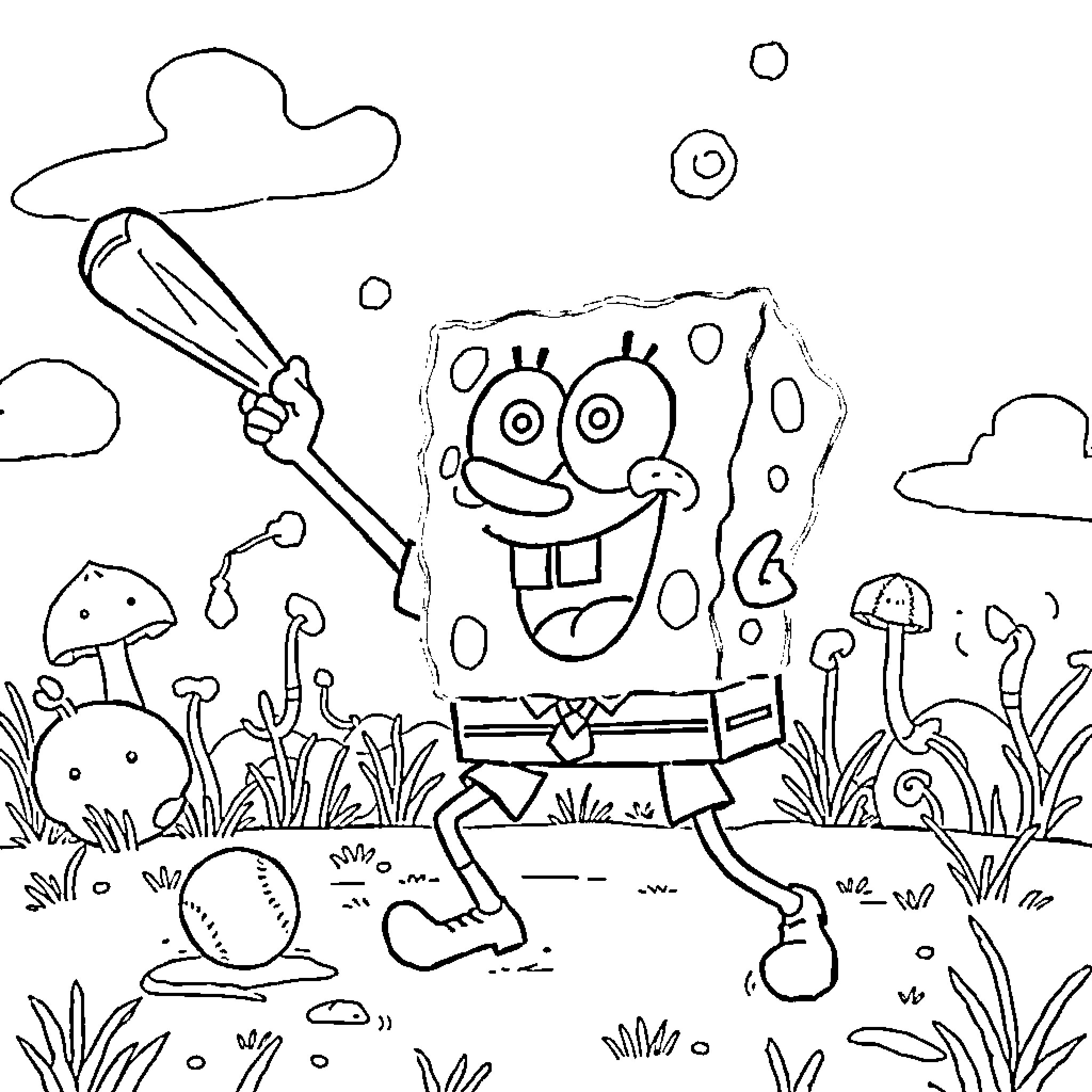 Spongebob happily exploring the magical underwater world Coloring Page (free black-and-white line drawing printable PDF for all, from beginners to advanced learners, including children, teens, adults, and seniors)