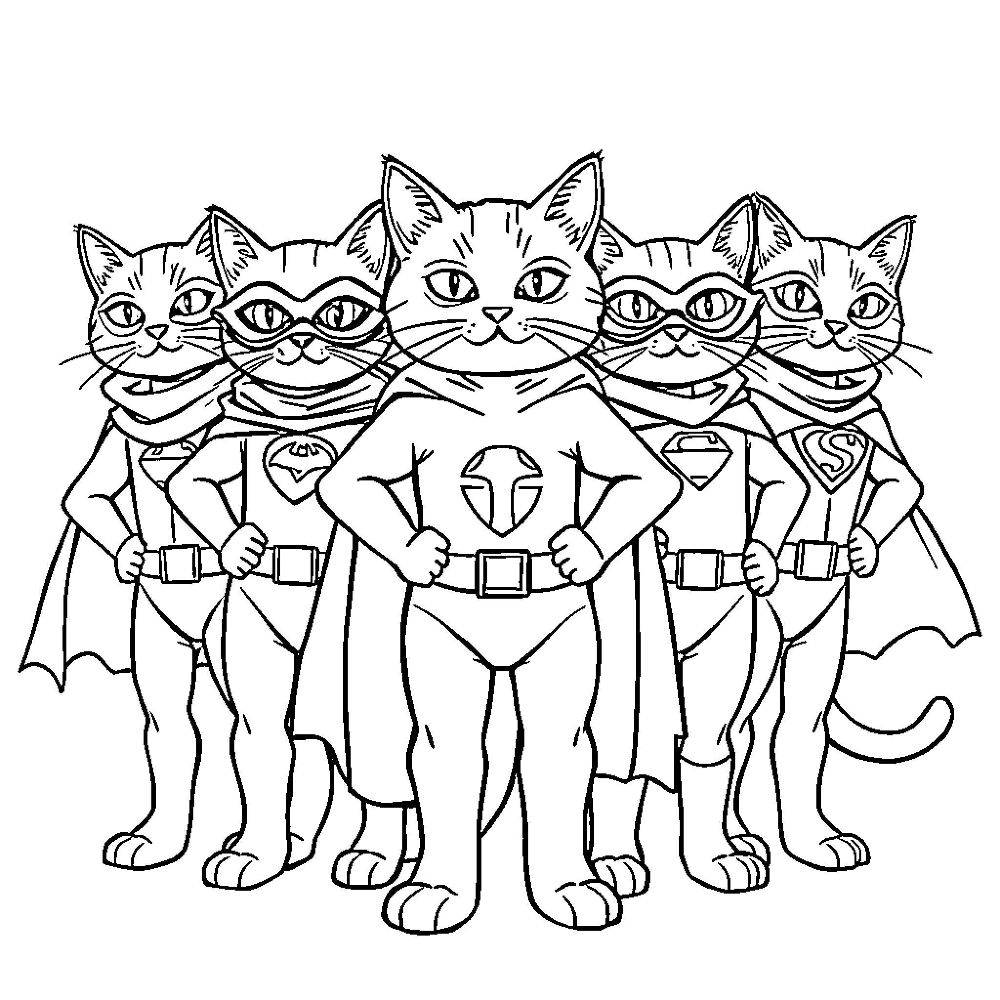 Cats dressed as superheroes Coloring Page (free black-and-white line drawing printable PDF for all, from beginners to advanced learners, including children, teens, adults, and seniors)