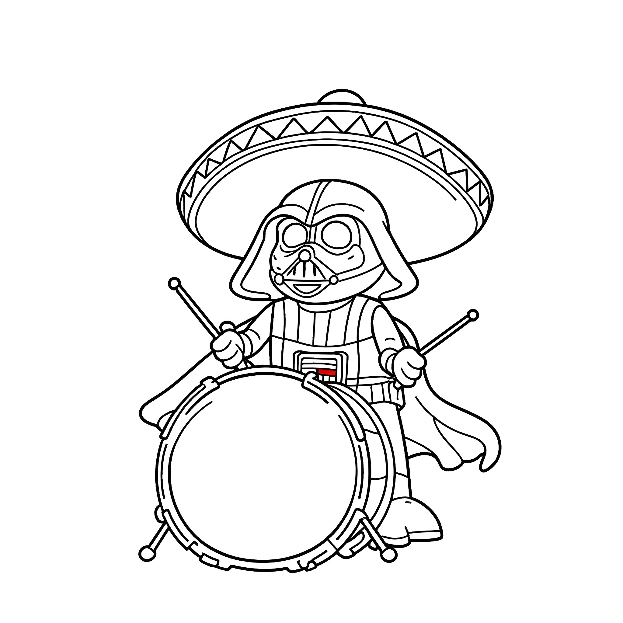 Darth Vader Playing Drums in a Sombrero Coloring Page (free black-and-white line drawing printable PDF for all, from beginners to advanced learners, including children, teens, adults, and seniors)